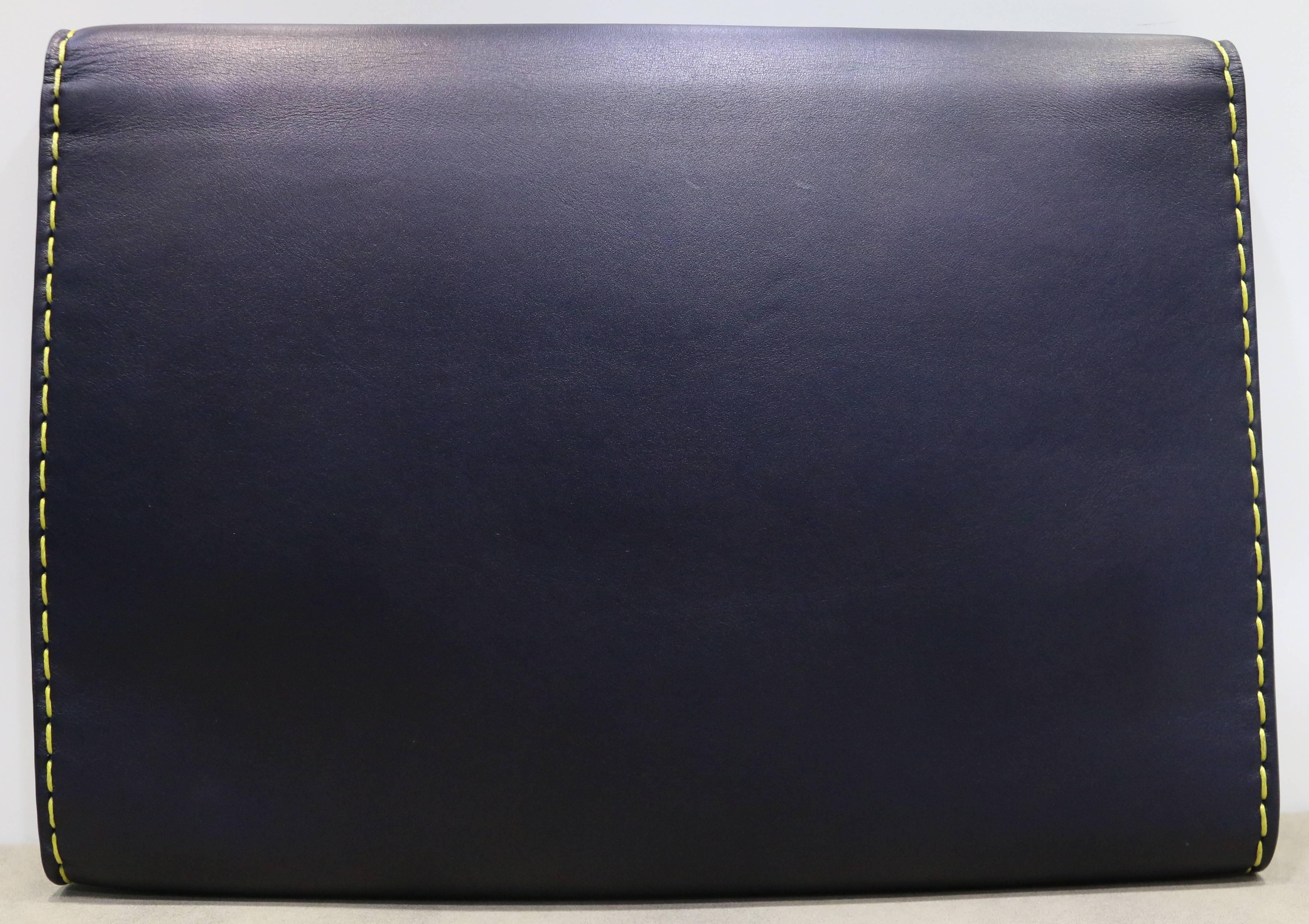 Women's Celine Navy with Yellow Stitched Calfskin Leather Flap Clutch 