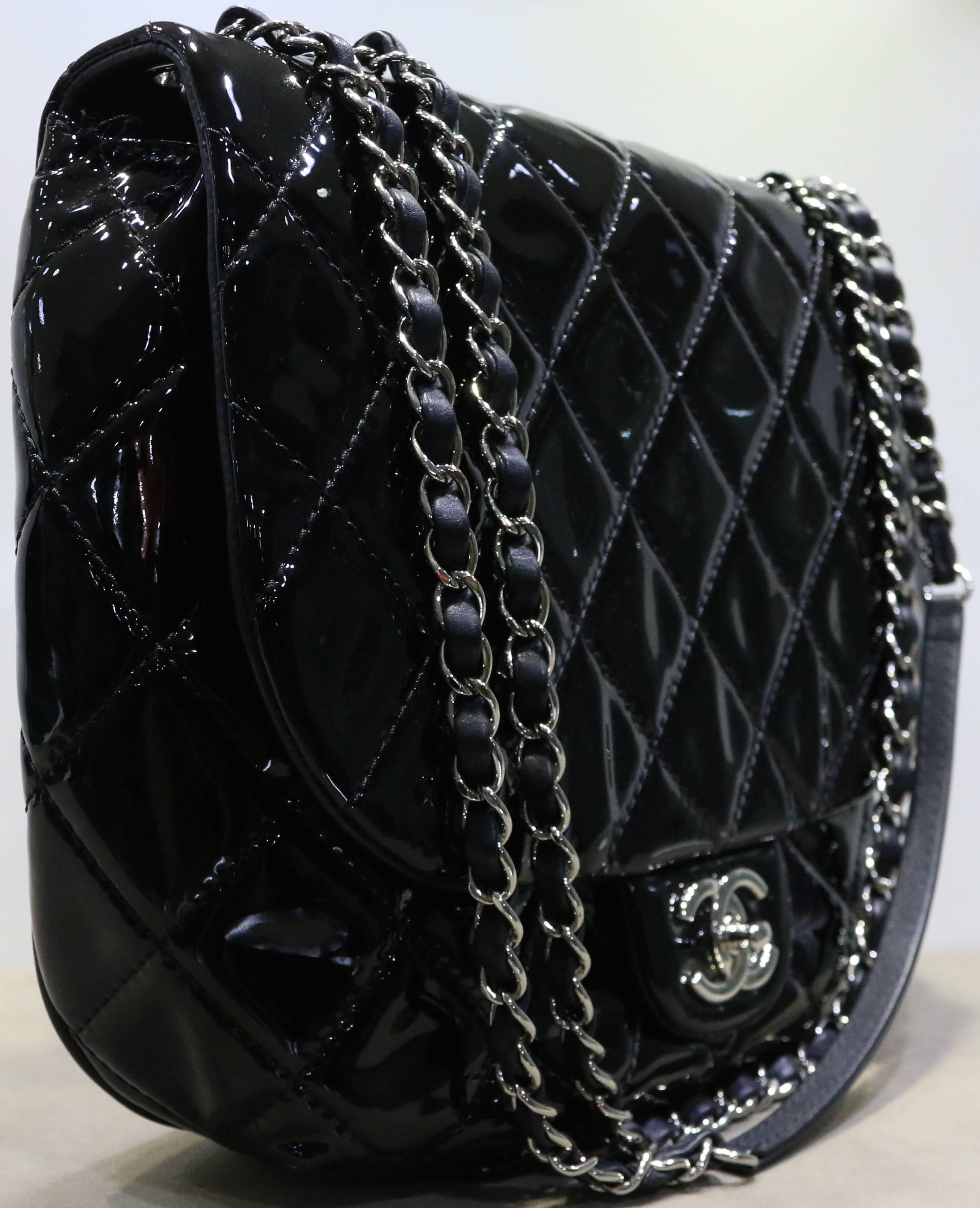Chanel Black Quilted Patent Leather Flap Bag with Silver Chain Leather Strap In Excellent Condition In Sheung Wan, HK