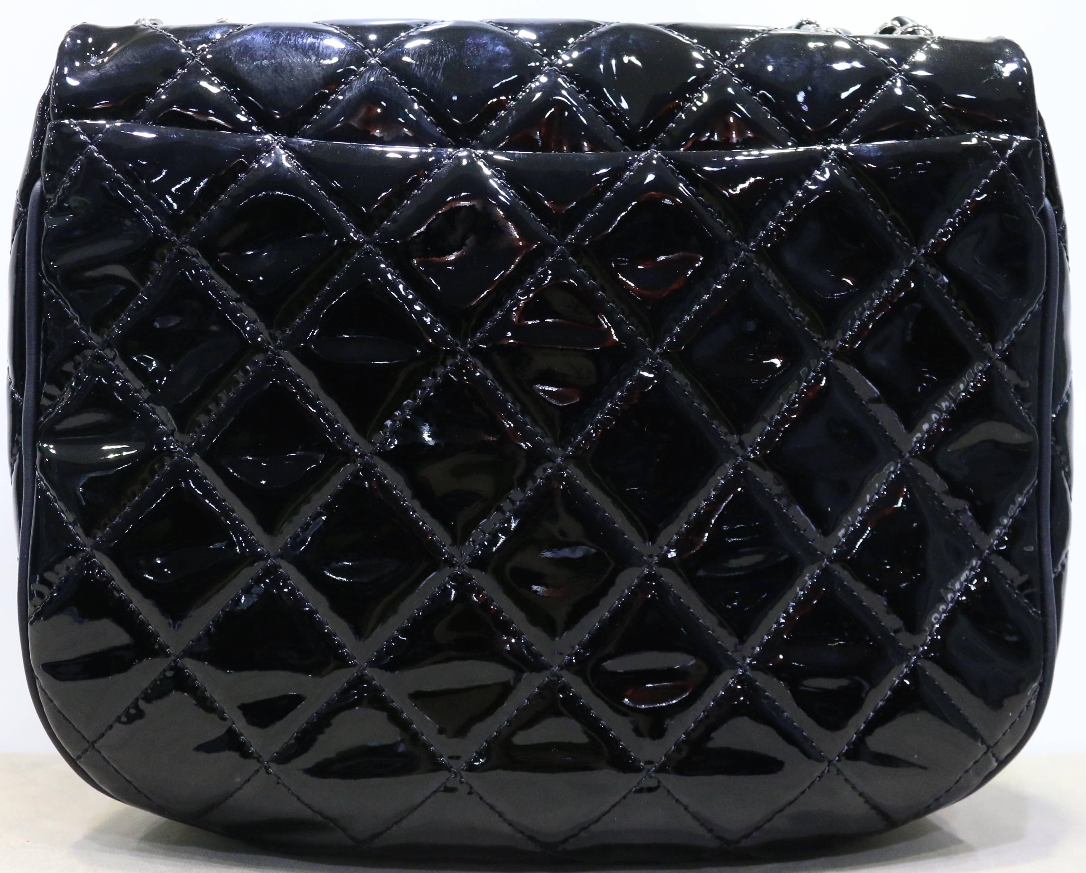 Women's Chanel Black Quilted Patent Leather Flap Bag with Silver Chain Leather Strap