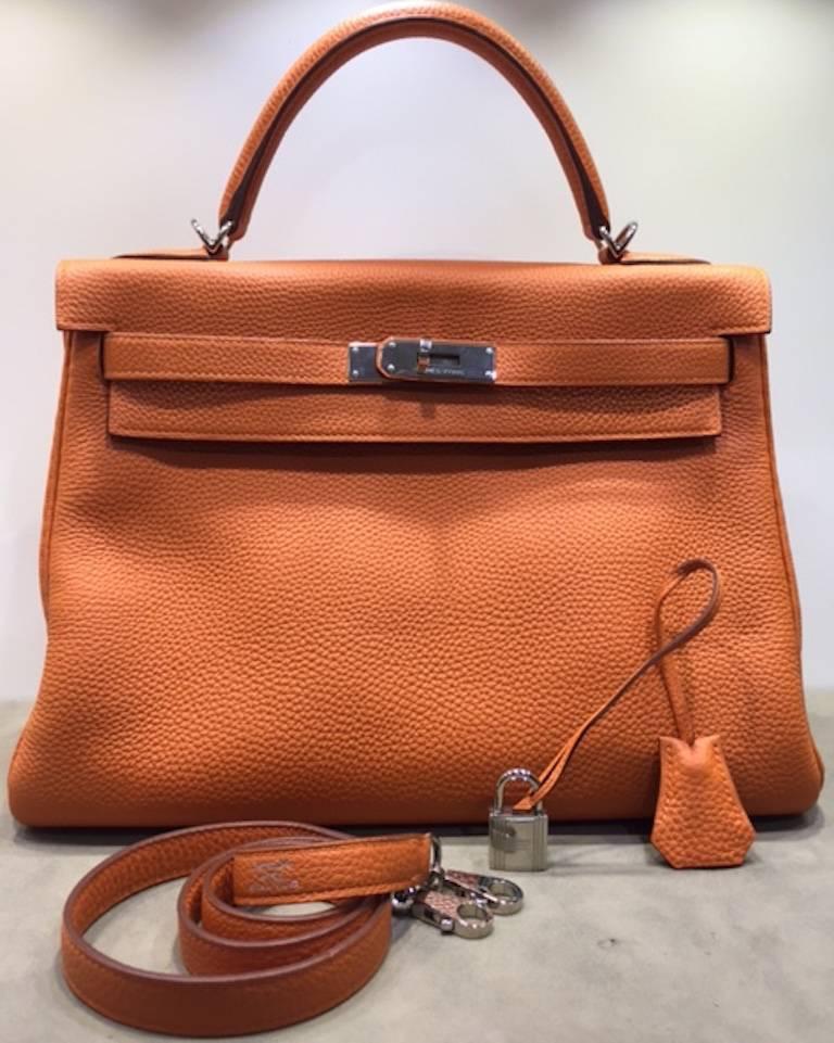 Hermes 32cm Kelly Retourne Bag Orange Togo Leather in Palladium Plated  2