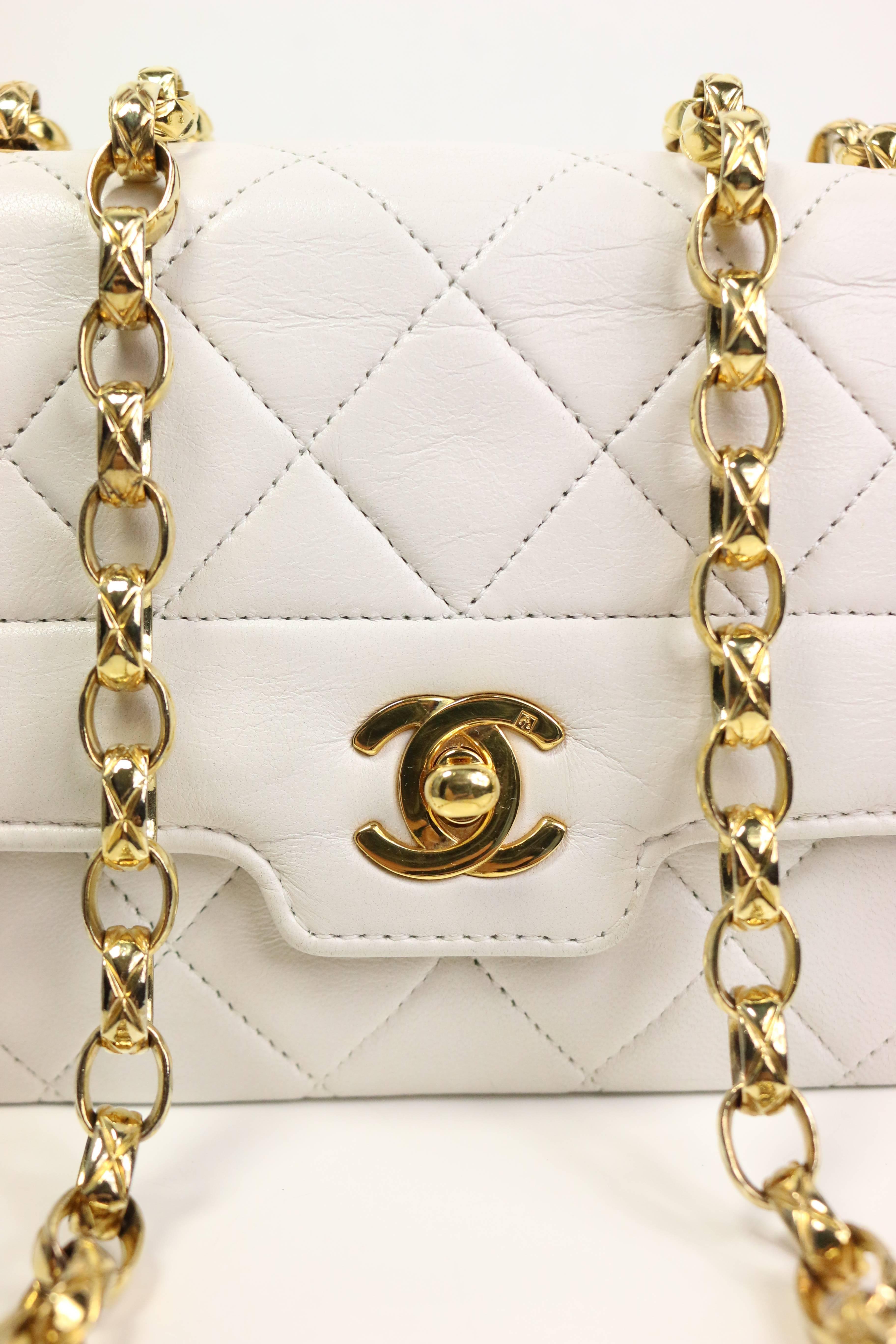 Beige Chanel White Quilted Lambskin Mini Flap Bag with Gold Chain