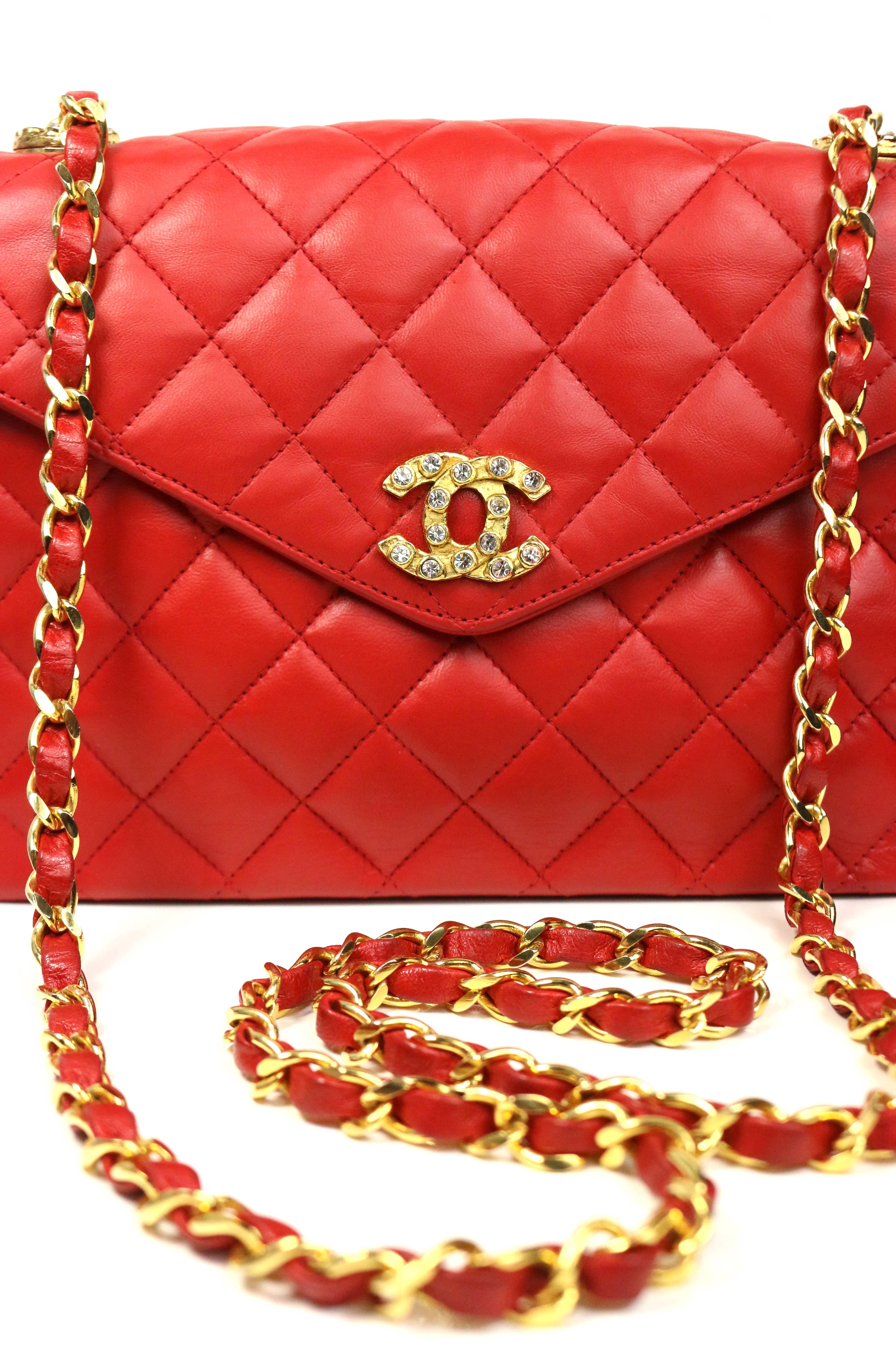 - Vintage 80s Chanel classic red quilted lambskin leather flap shoulder bag. Featuring gold toned 
