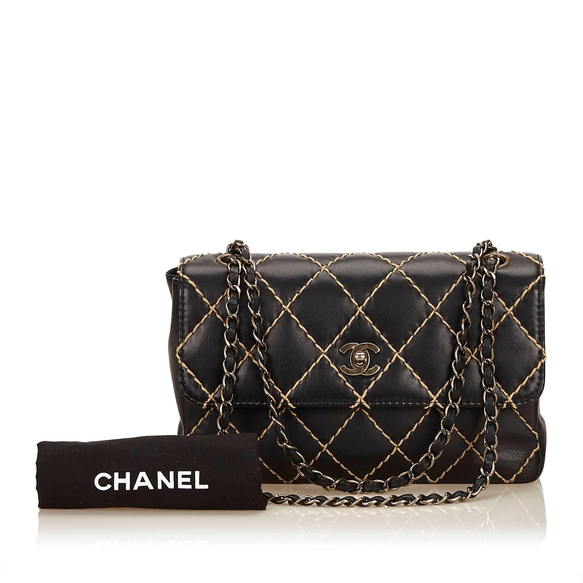 Women's Chanel Black and Beige Wild Stitch Calfskin Chain Flap Bag