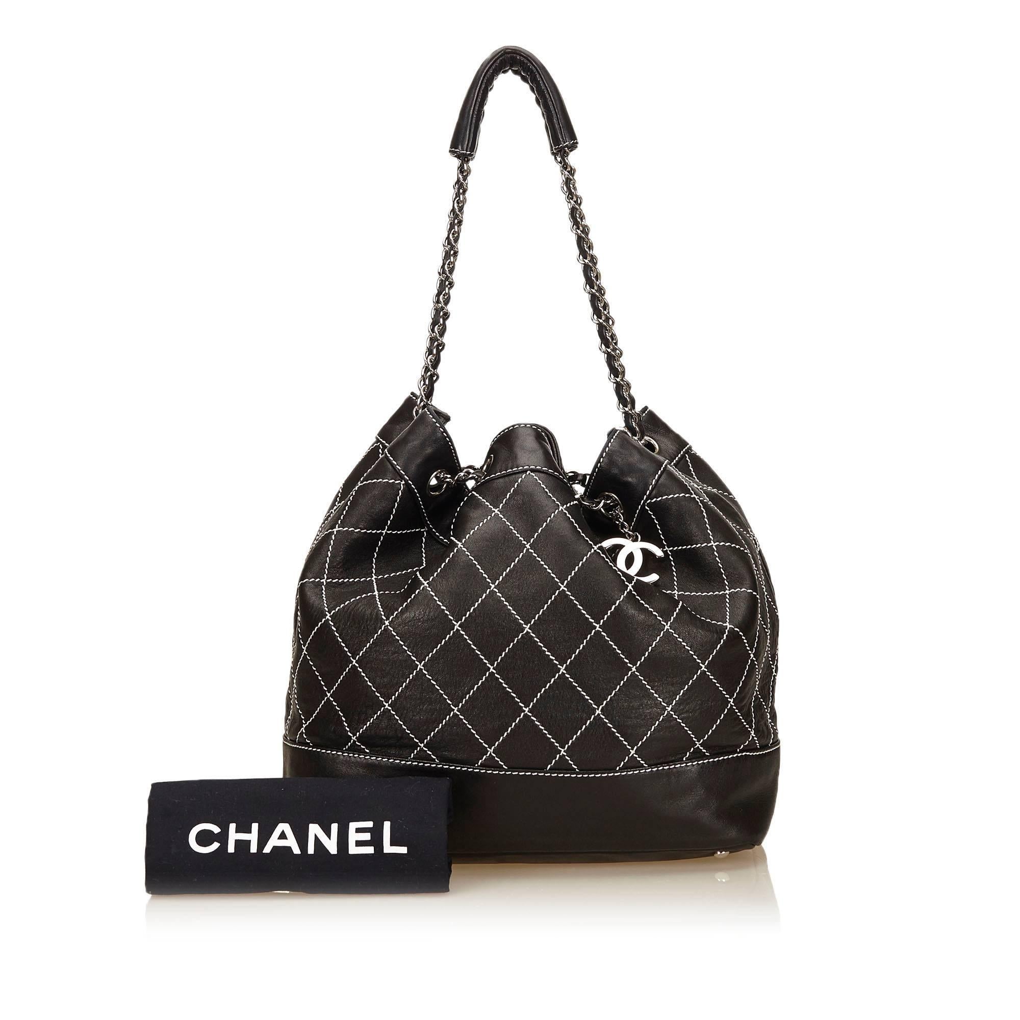 Chanel Black and White Wild Stitch Drawstring Tote Bag 1