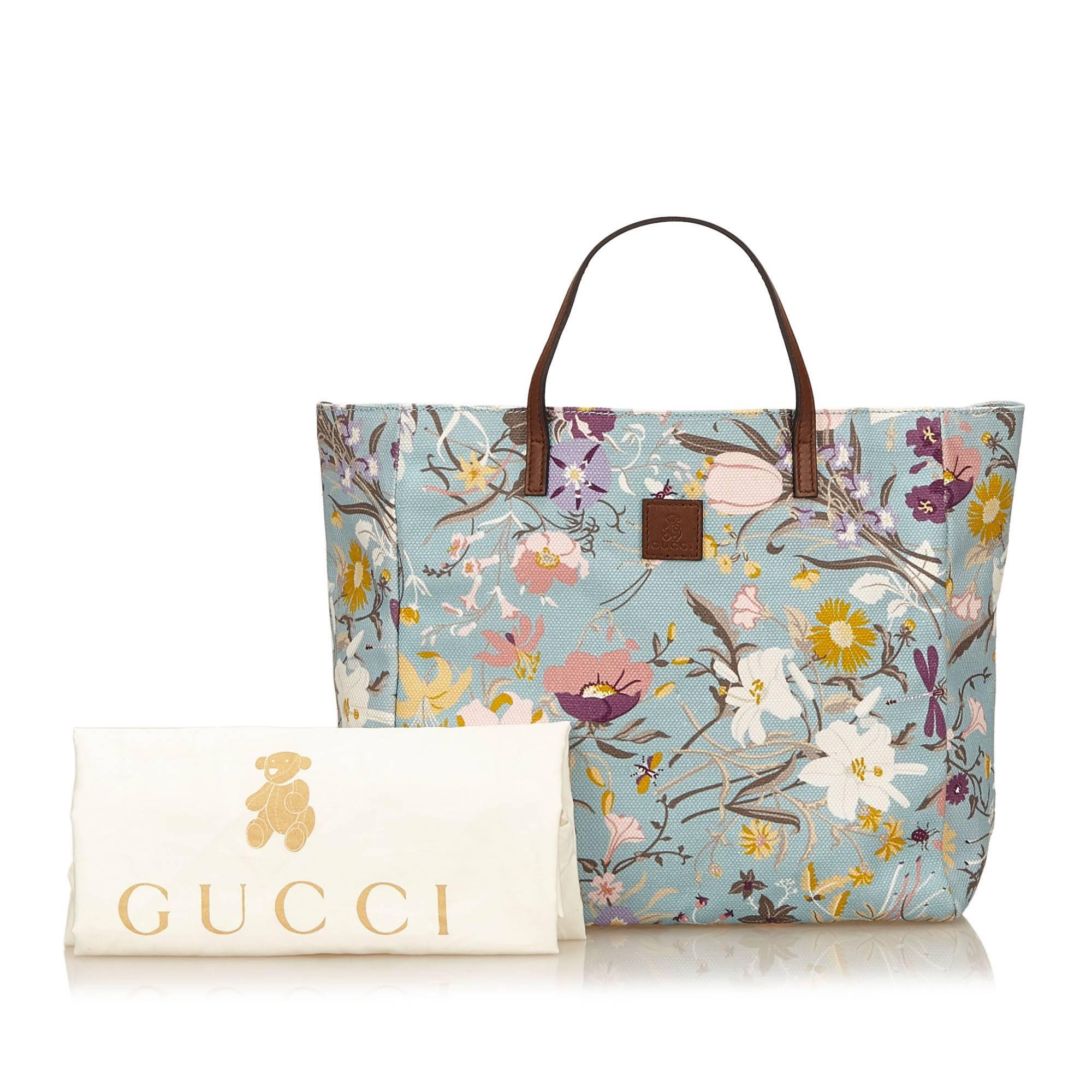 Women's Gucci Blue with Multi Coloured Floral Printed Canvas Tote Bag