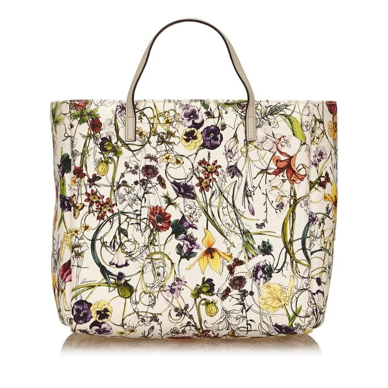 Gucci White with Multi Coloured Floral Printed Canvas Tote Bag at ...