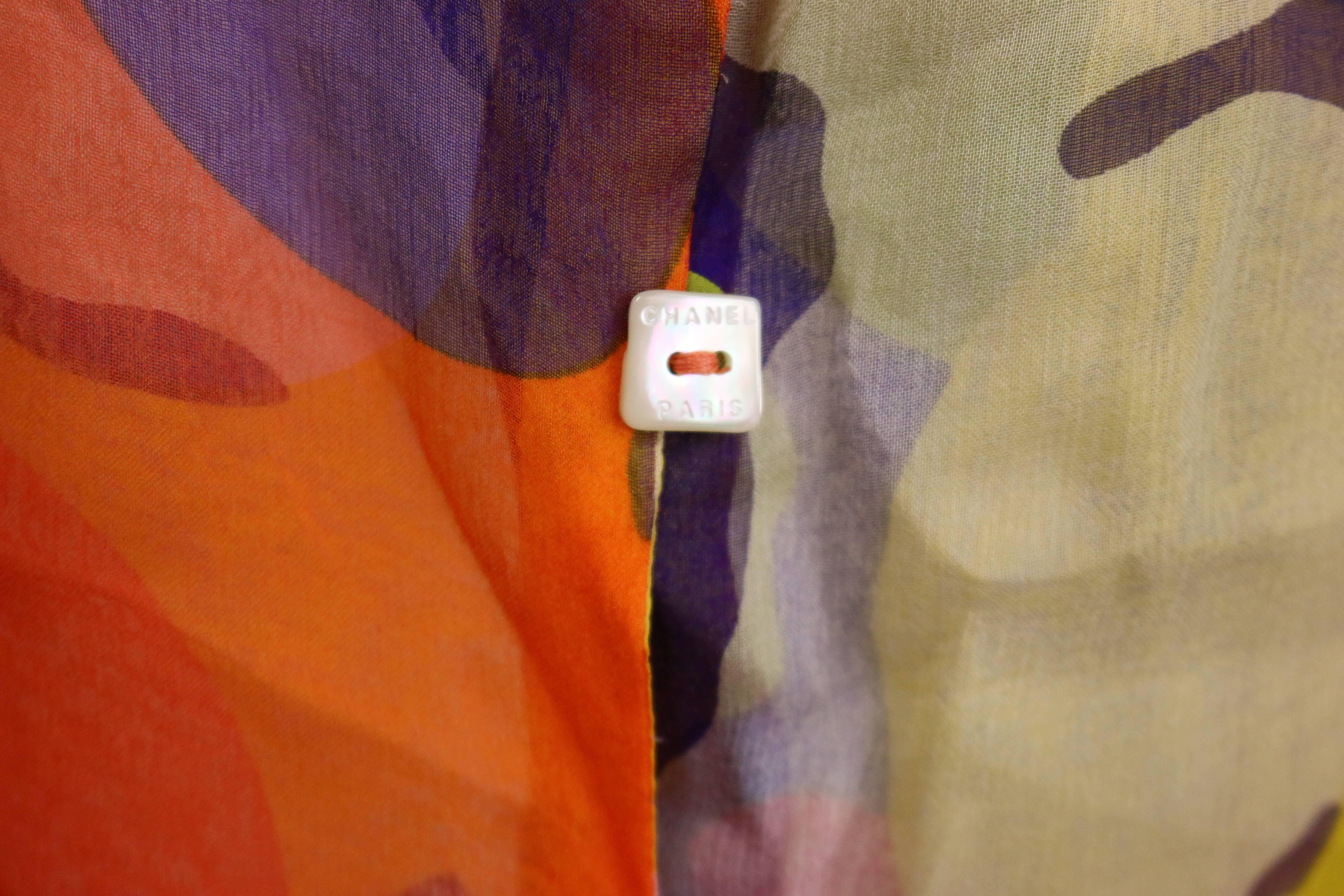 Brown Chanel Multi Coloured Camellia Flower Silk Sleeves Blouse For Sale