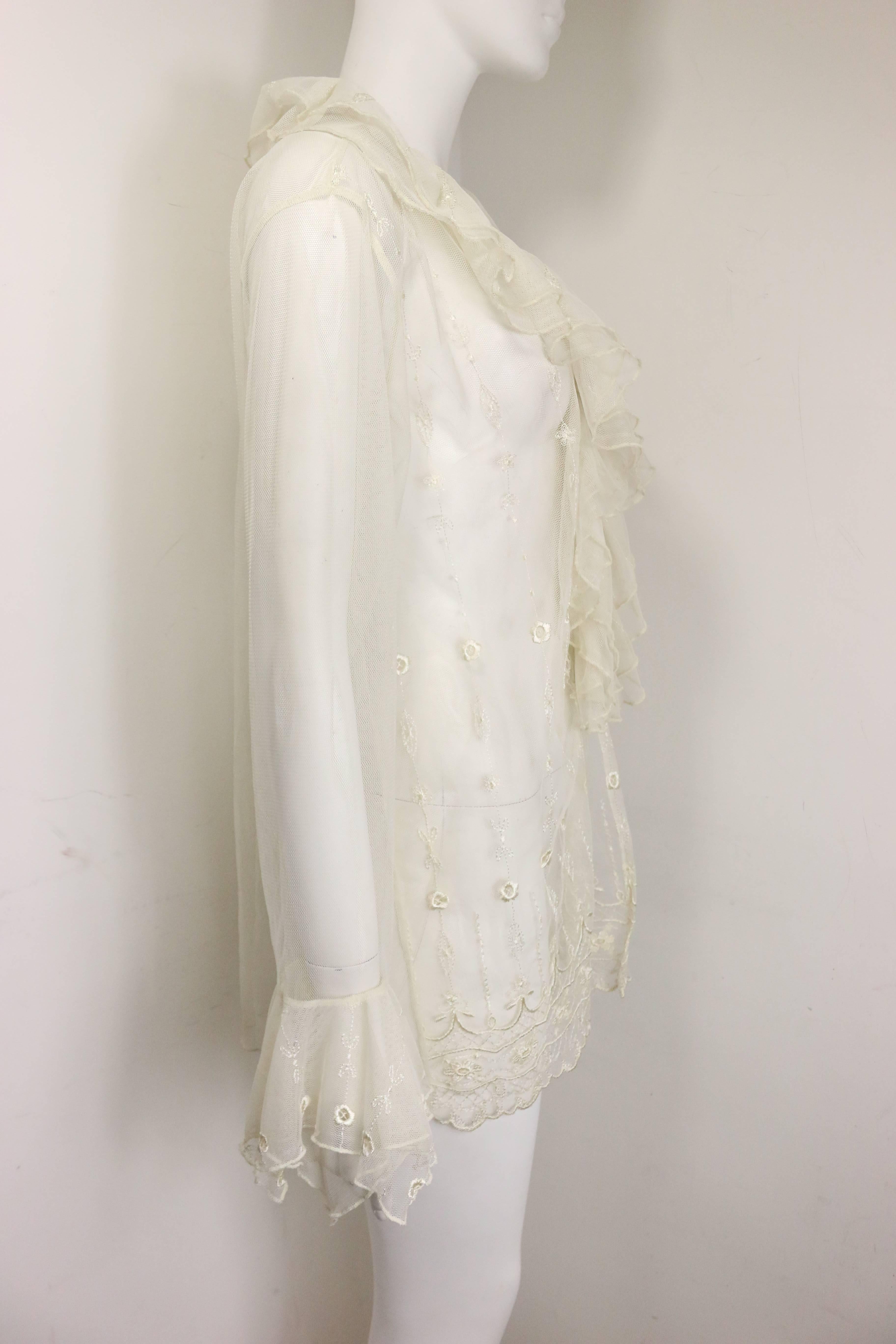 Beige Nouvelle Couture Ivory Embroidered Ruffle Shirt  For Sale