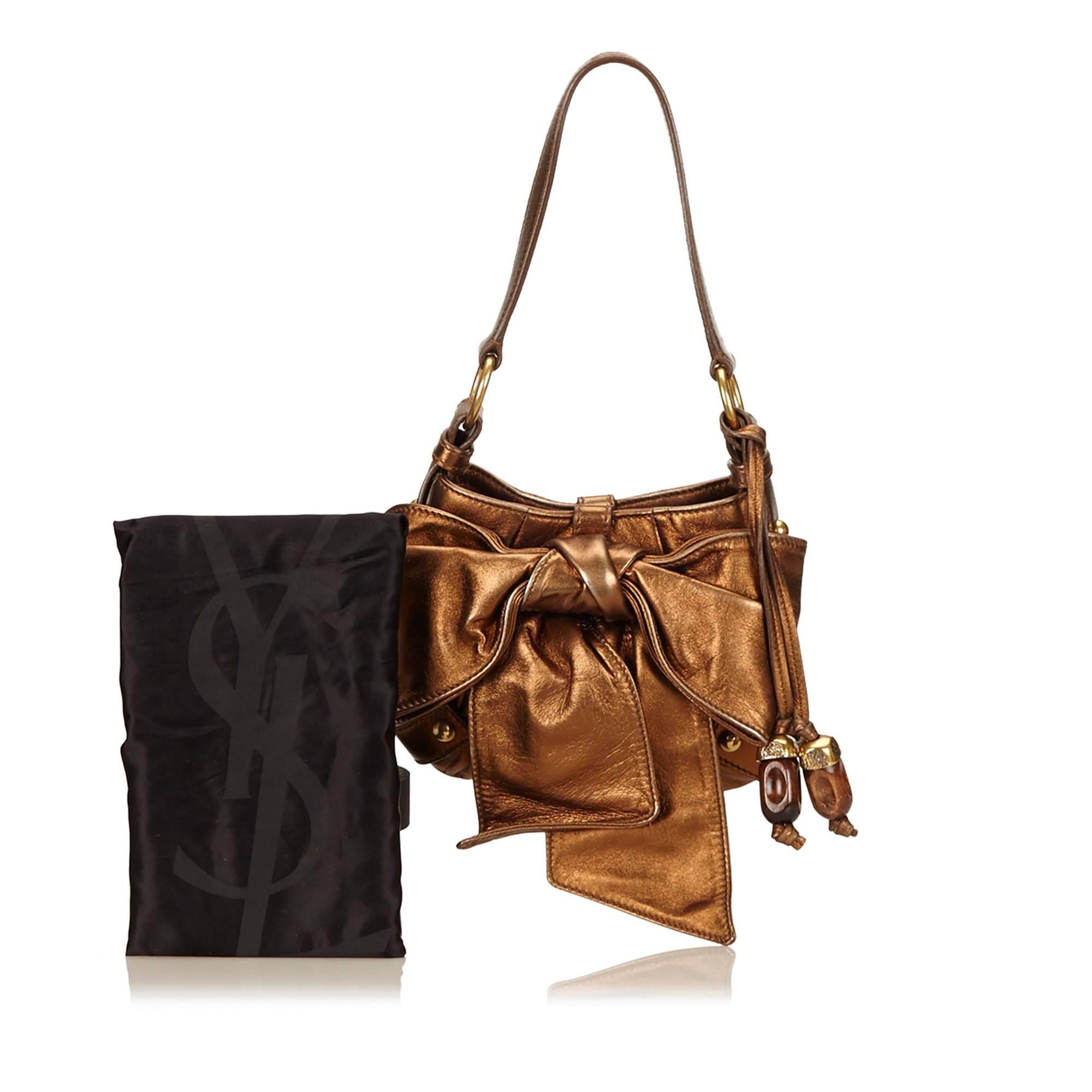 Yves Saint Laurent Bronze Metallic Leather Sac Bow Bag In Excellent Condition In Sheung Wan, HK