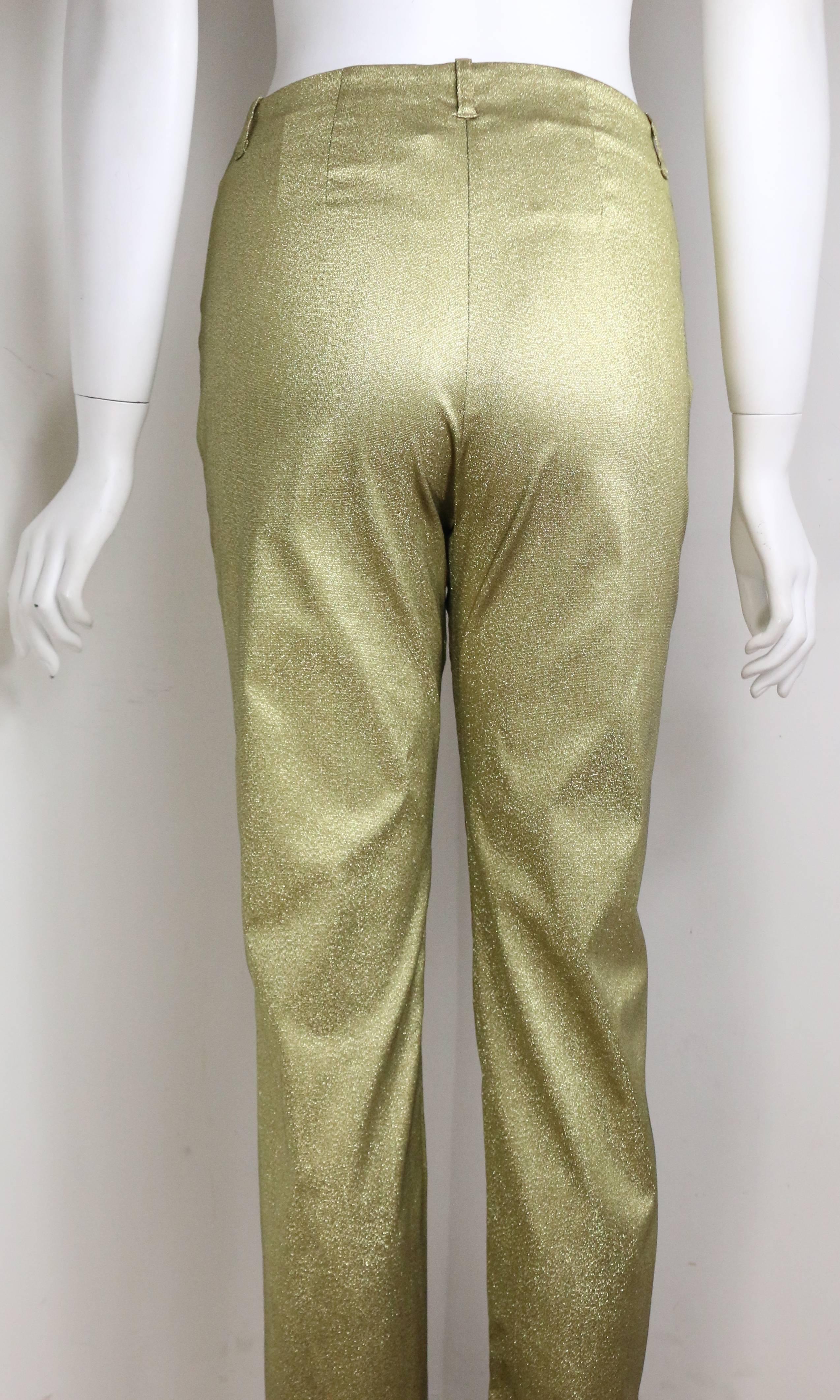 - Vintage 90s Plein Sud gold metallic pants. Featuring a gold button and zipper closure. The fabric of the pants is sketchy and a straight leg cutting fits for everyone! 

- Made in France. 

- Size 42/10. 

- 50%Nylon, 25% Acetate, 20% Polyester,
