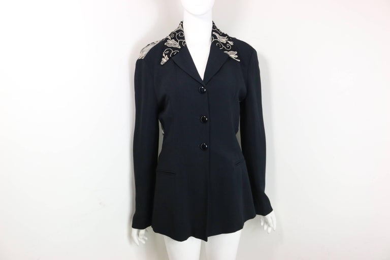 Vintage 90s Batik Black Jacket with White Embroidered Lace Behind For Sale  at 1stDibs
