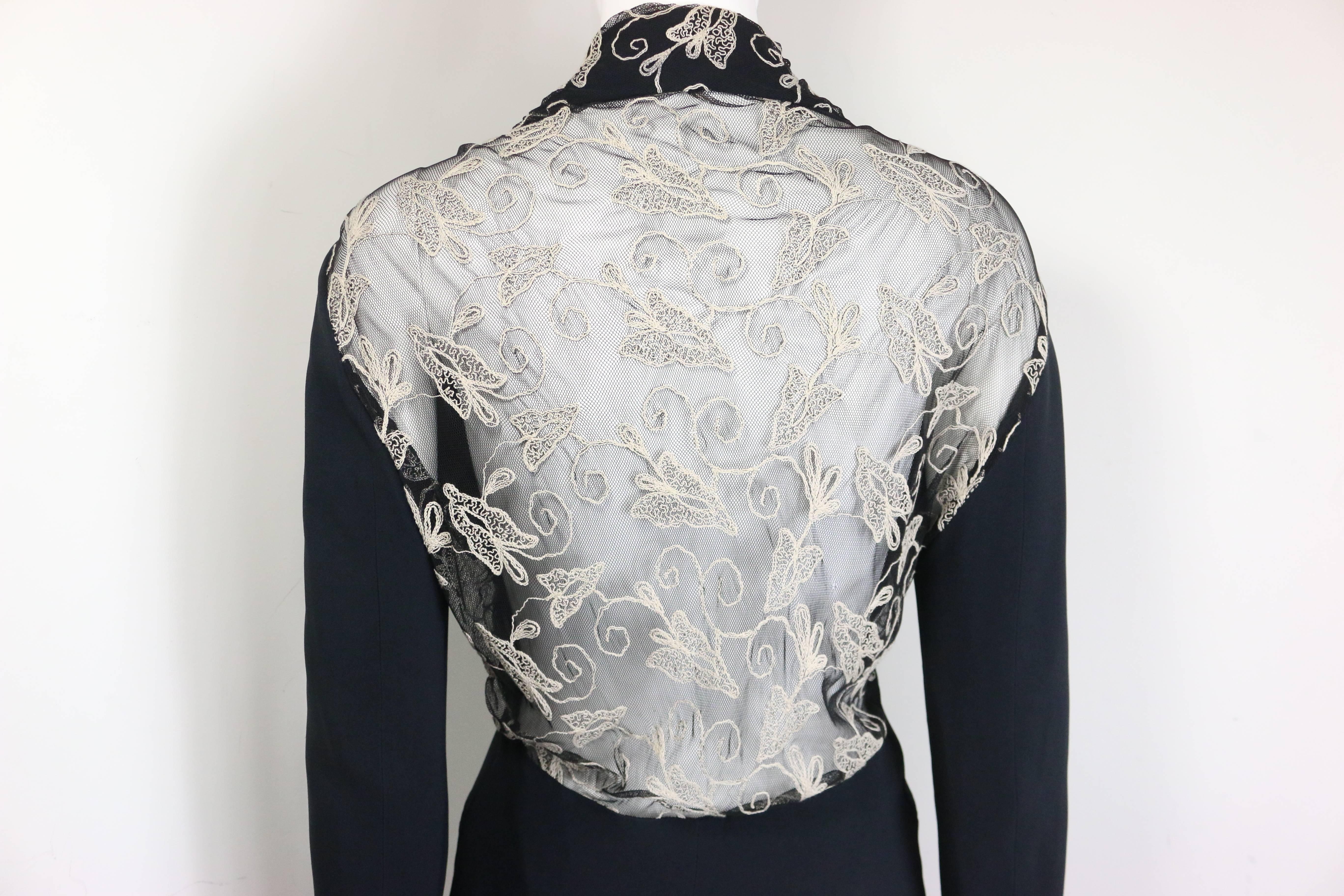 Women's Vintage 90s Batik Black Jacket with White Embroidered Lace Behind  For Sale