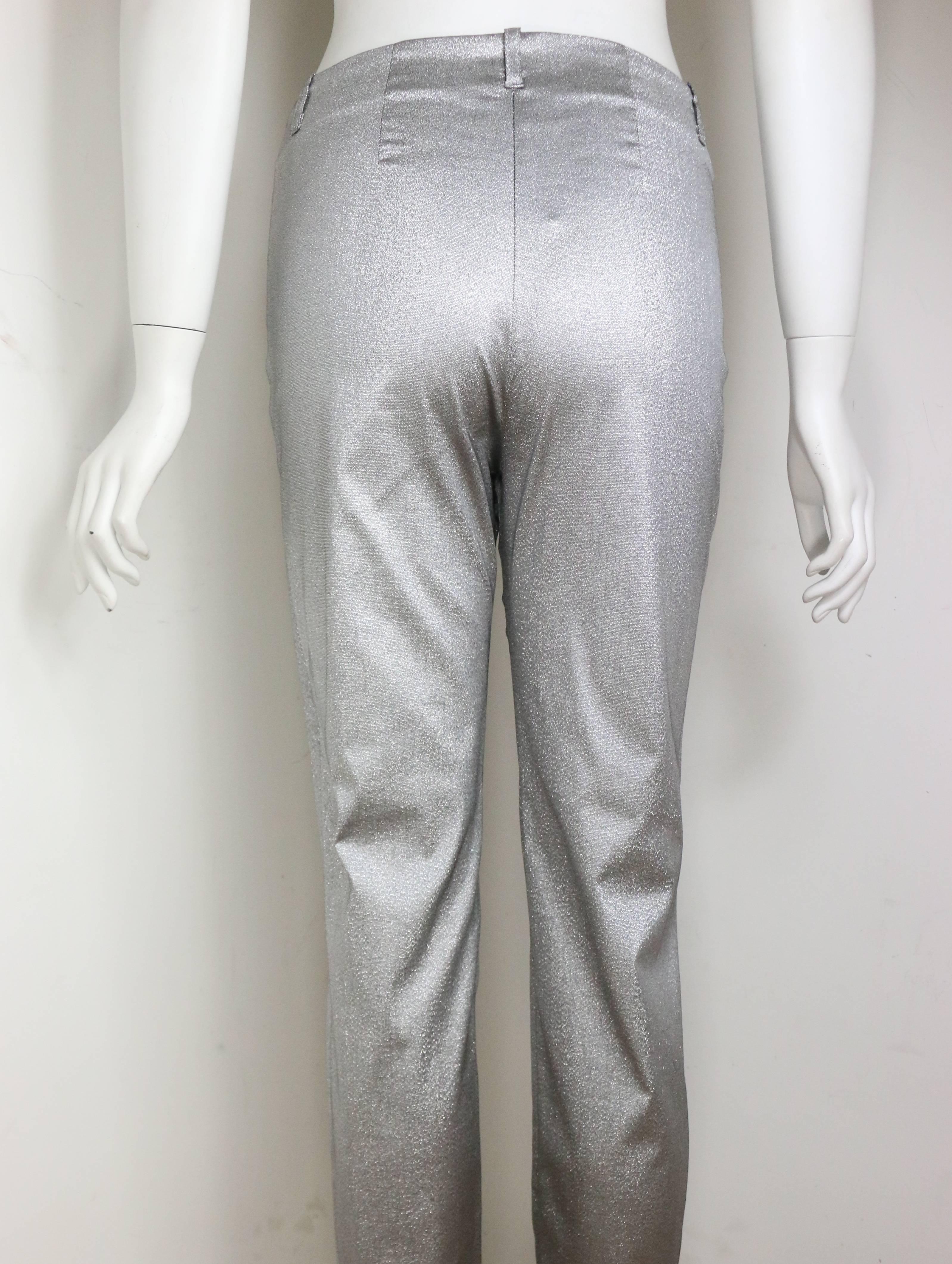 - Vintage 90s Plein Sud silver metallic pants. Featuring a silver button and zipper closure. The fabric of pants is sketchy and a straight leg cutting fits for everyone! 

- Made in France. 

- Size 42/10. 

- 50%Nylon, 25% Acetate, 20% Polyester,