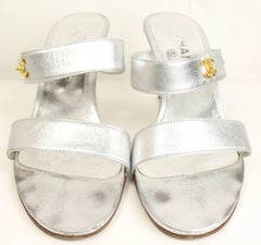 Chanel Silver Metallic Leather Straps Sandals Heels with Gold CC Logo