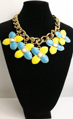 Escada Yellow and Light Blue Clovers Gemstones Gold Chain Necklace
