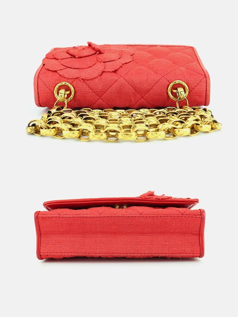 Chanel Red Silk and Satin Quilted Camellia Gold Chain Shoulder Bag 2