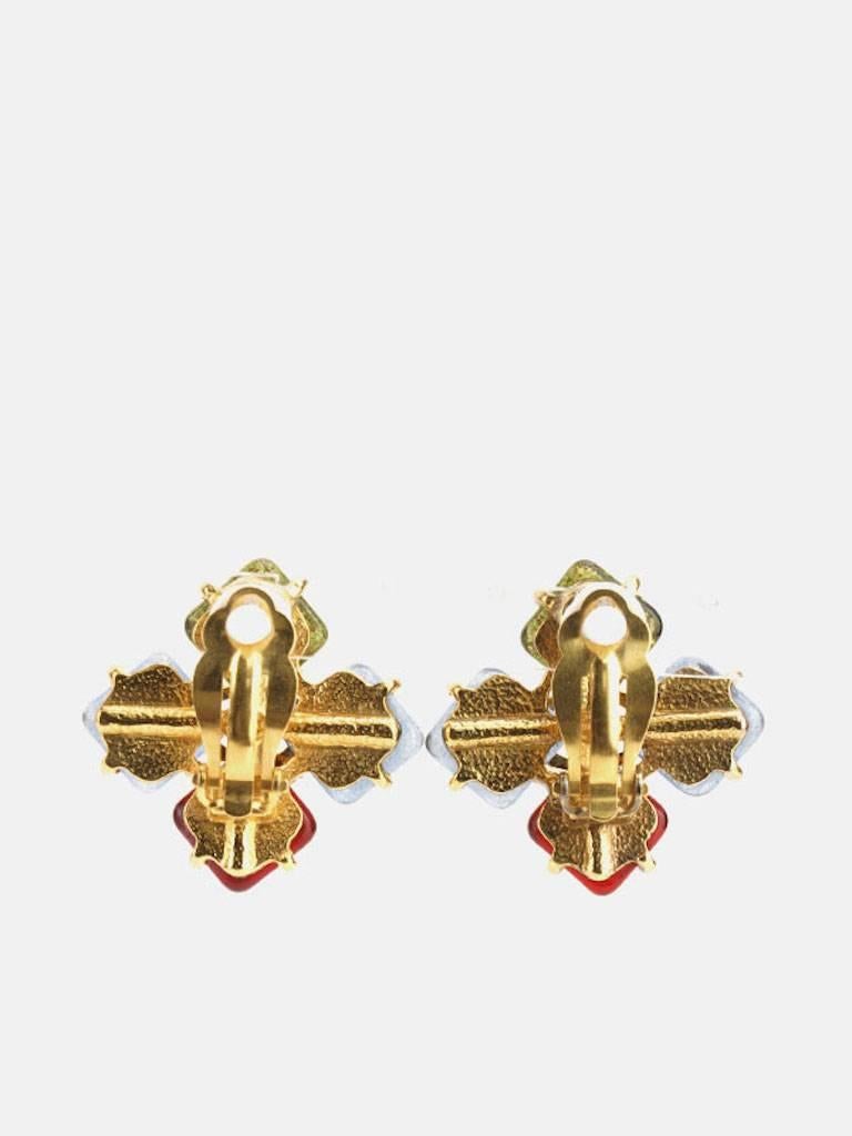 - Vintage 1993 Chanel gold plated hardware square shaped multi colour gripoix glass clip on earrings. Featuring a 