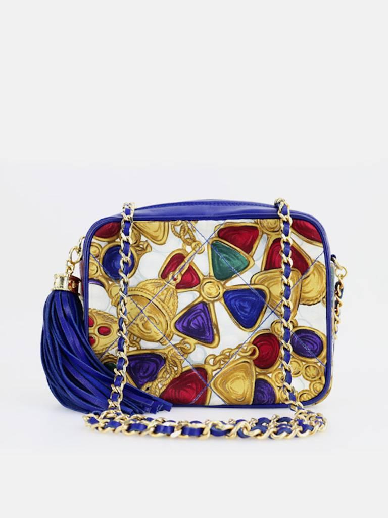 Beige Chanel Blue Lambskin with Silk Gripoix Accessories Pattern Tassel Shoulder Bag