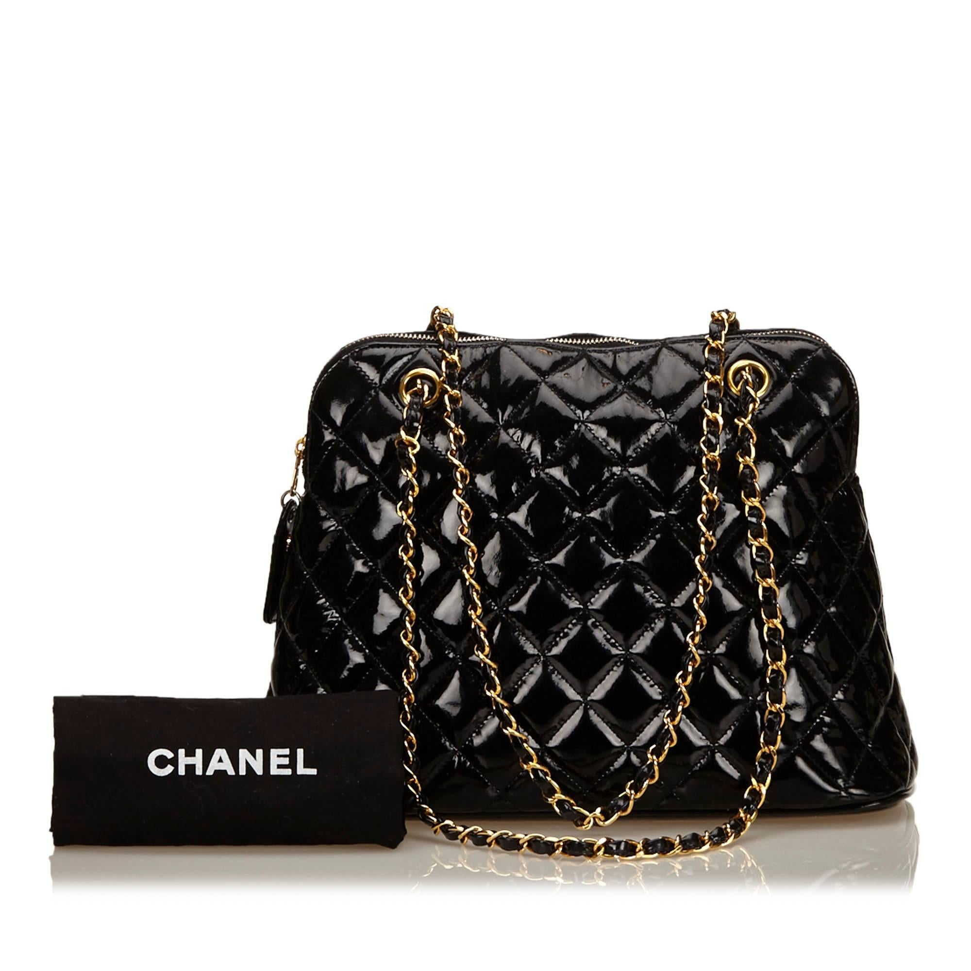 Chanel Matelasse Black Quilted Patent Leather Gold Chain Shoulder Bag 3