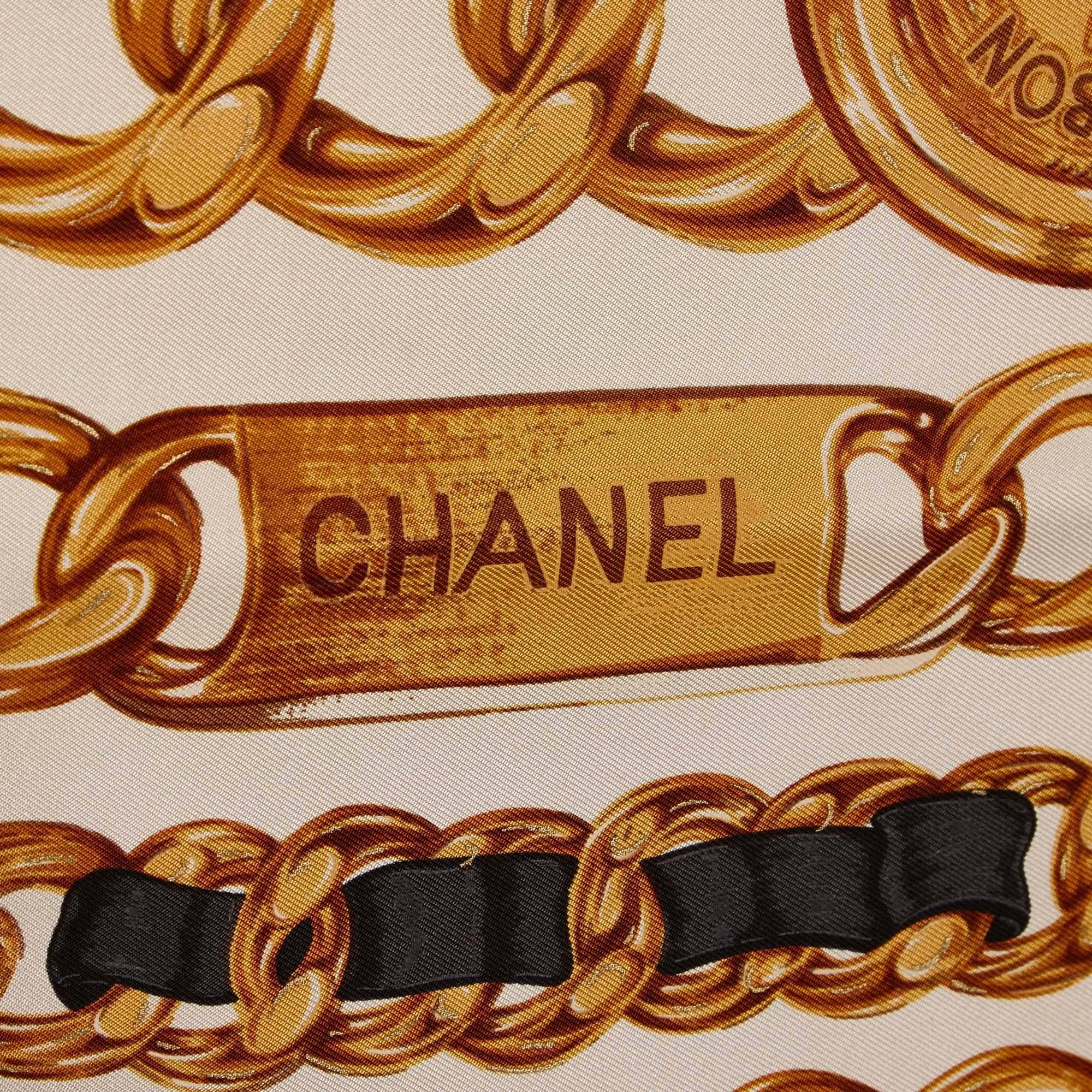 Chanel White Silk Chain Pattern Square Scarf In Excellent Condition In Sheung Wan, HK