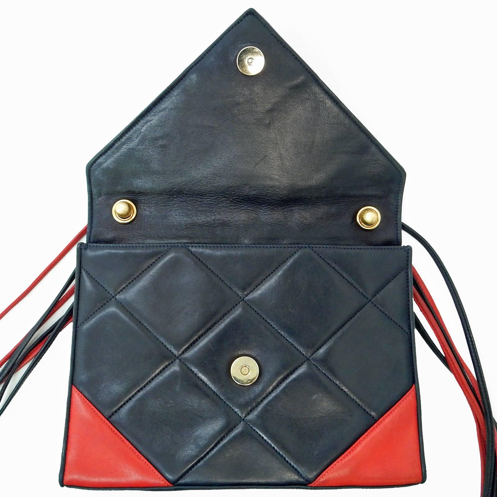 Women's Chanel Red and Navy Quilted Lambskin with Triangle Flap Shoulder Bag