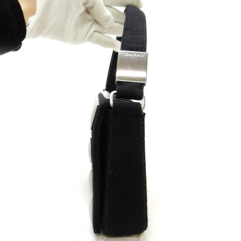Beige Chanel Black Canvas with Silver Metal Studs Flap Shoulder Handbag