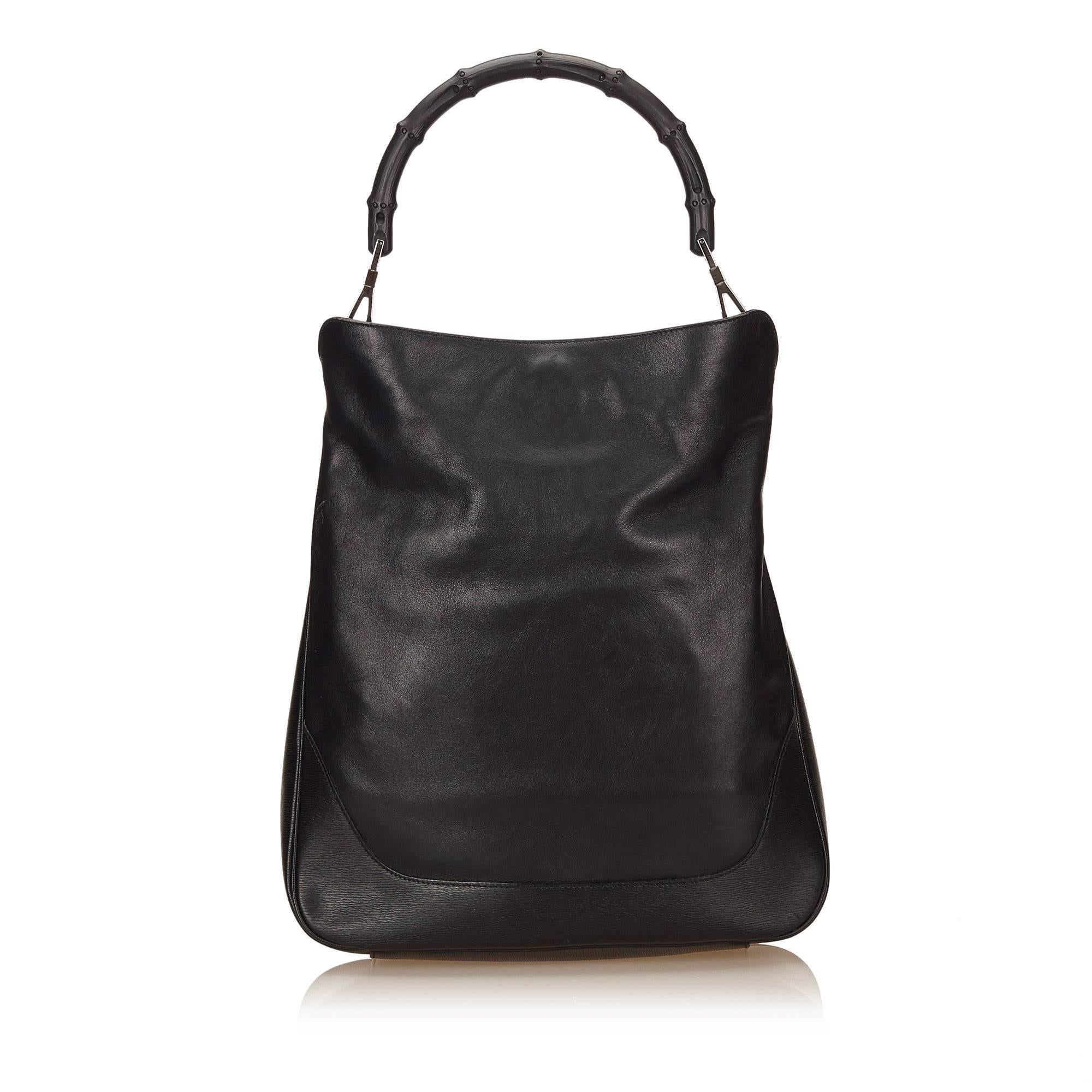 Women's Gucci Iconic Black Leather Bamboo Handbag
