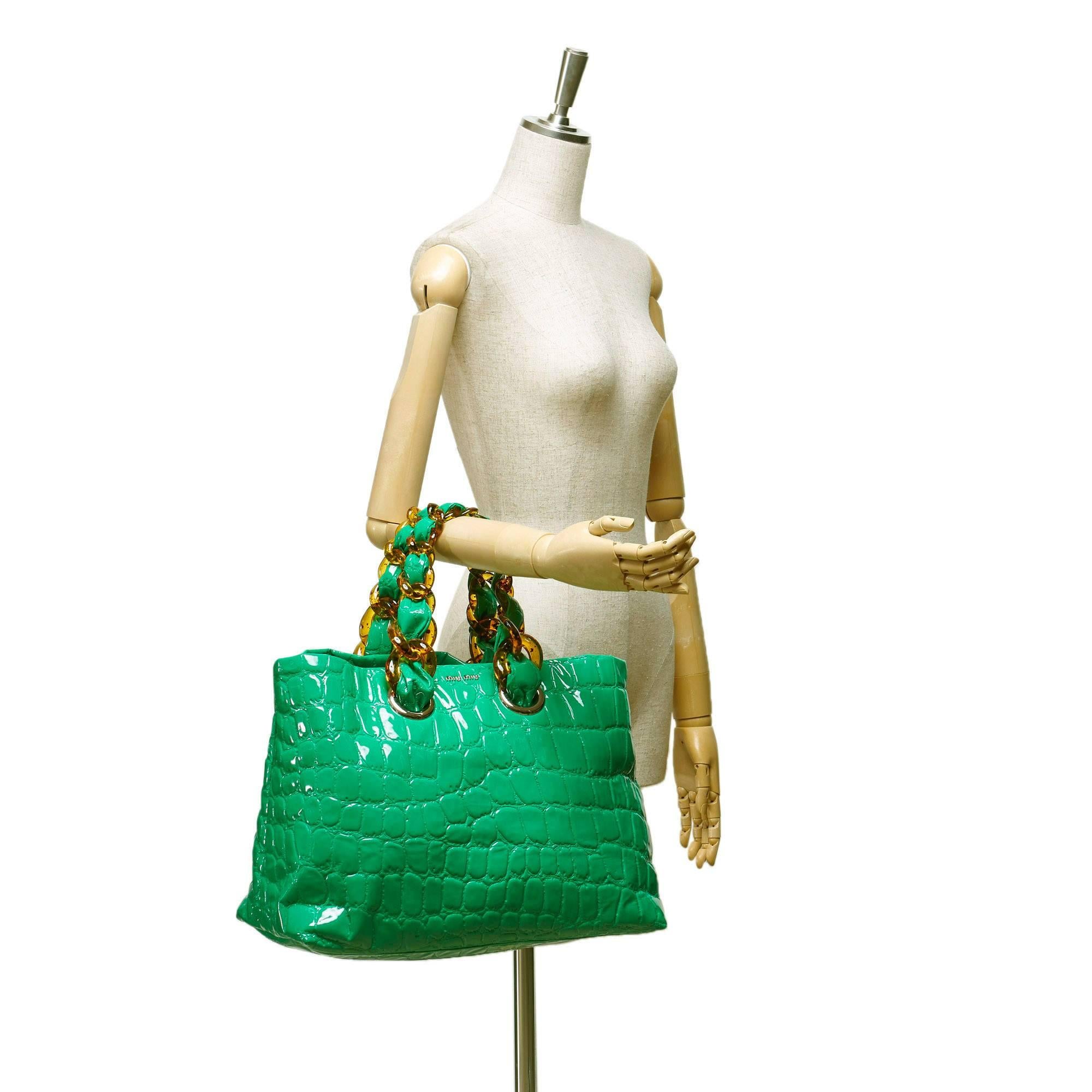 - This Mui Mui tote bag features a green patent croc leather body, leather strap with yellow plastic chains, open top, and interior zip pocket. Love the colour and the texture of this bag!!!

- Made in Italy. 

- Size: 41cm x 30cm x 19cm. Shoulder