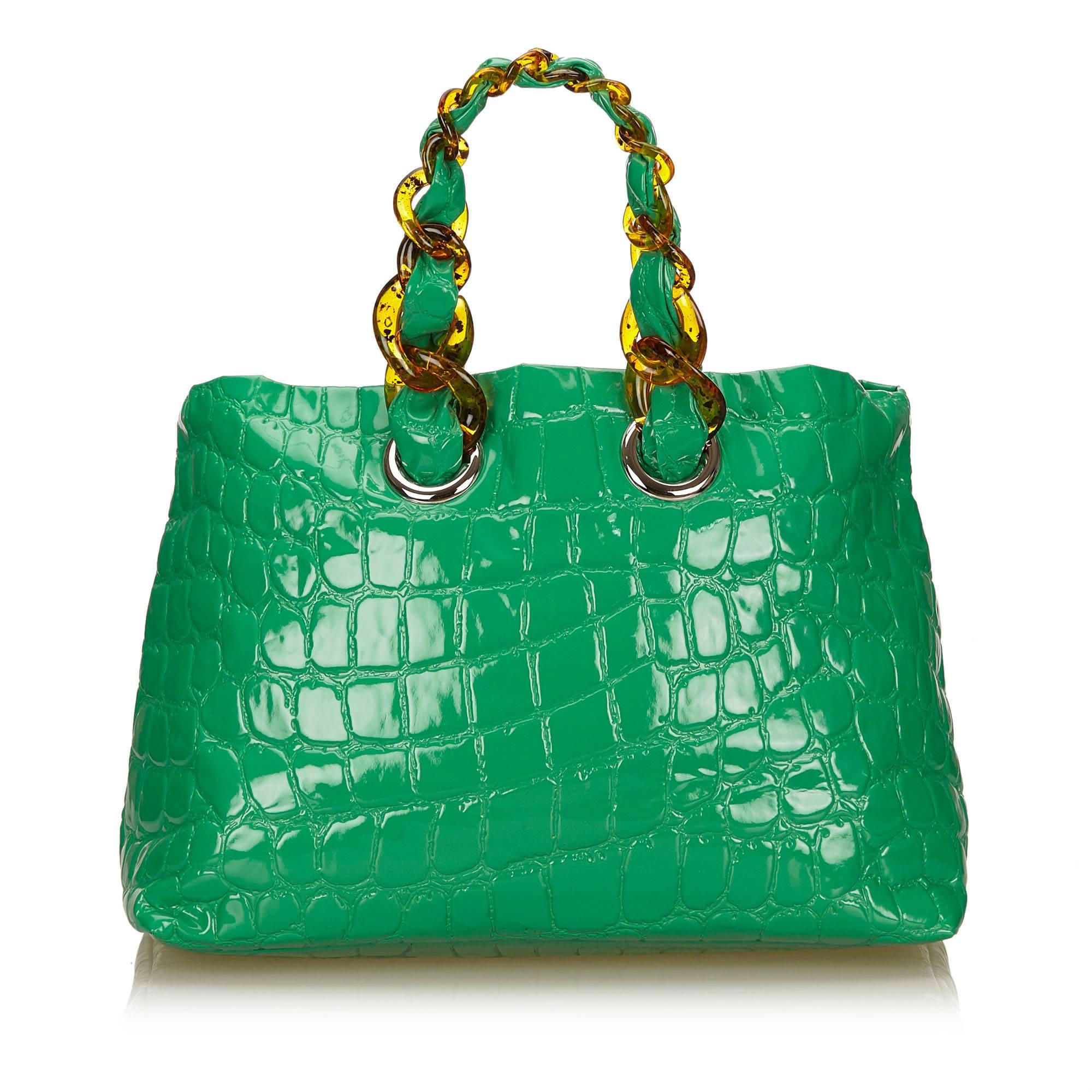 Mui Mui Green Patent Croc Leather Tote Bag In Excellent Condition In Sheung Wan, HK