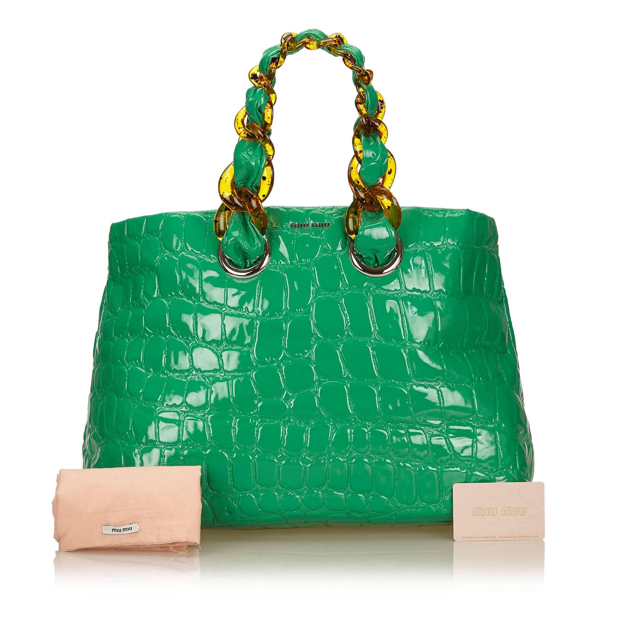 Mui Mui Green Patent Croc Leather Tote Bag 3
