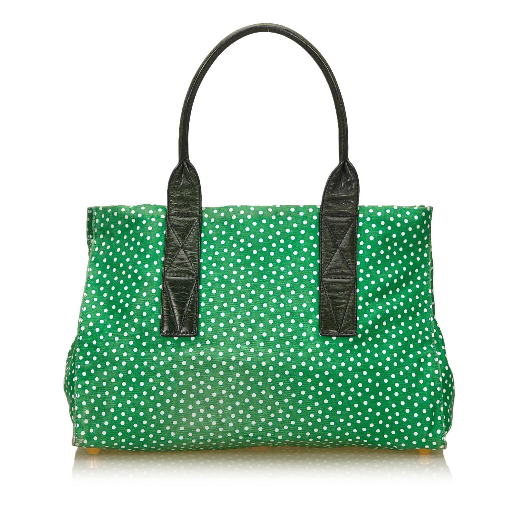 Blue Mui Mui Green Canvas with White Polka Dot Tote Bag