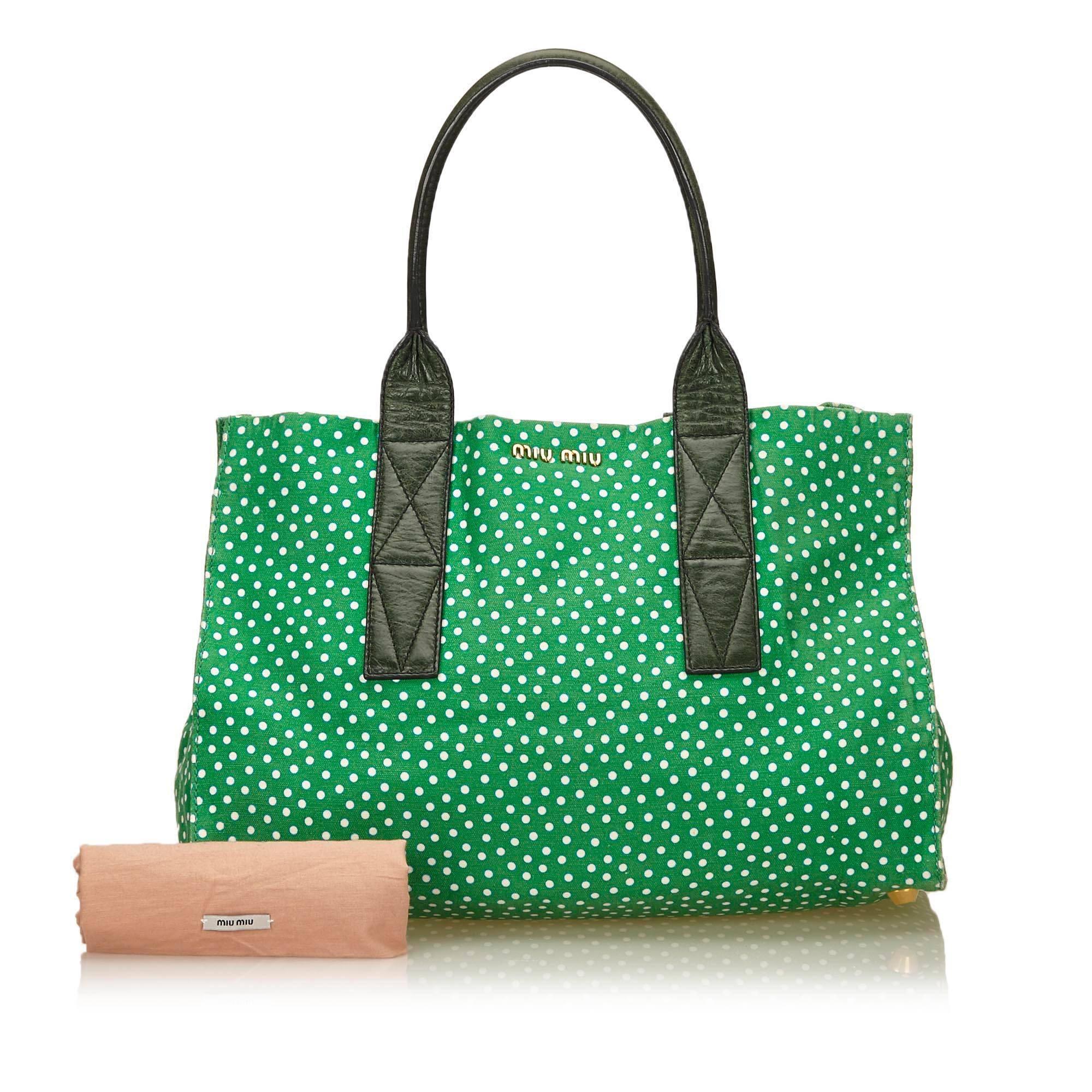 Mui Mui Green Canvas with White Polka Dot Tote Bag 3