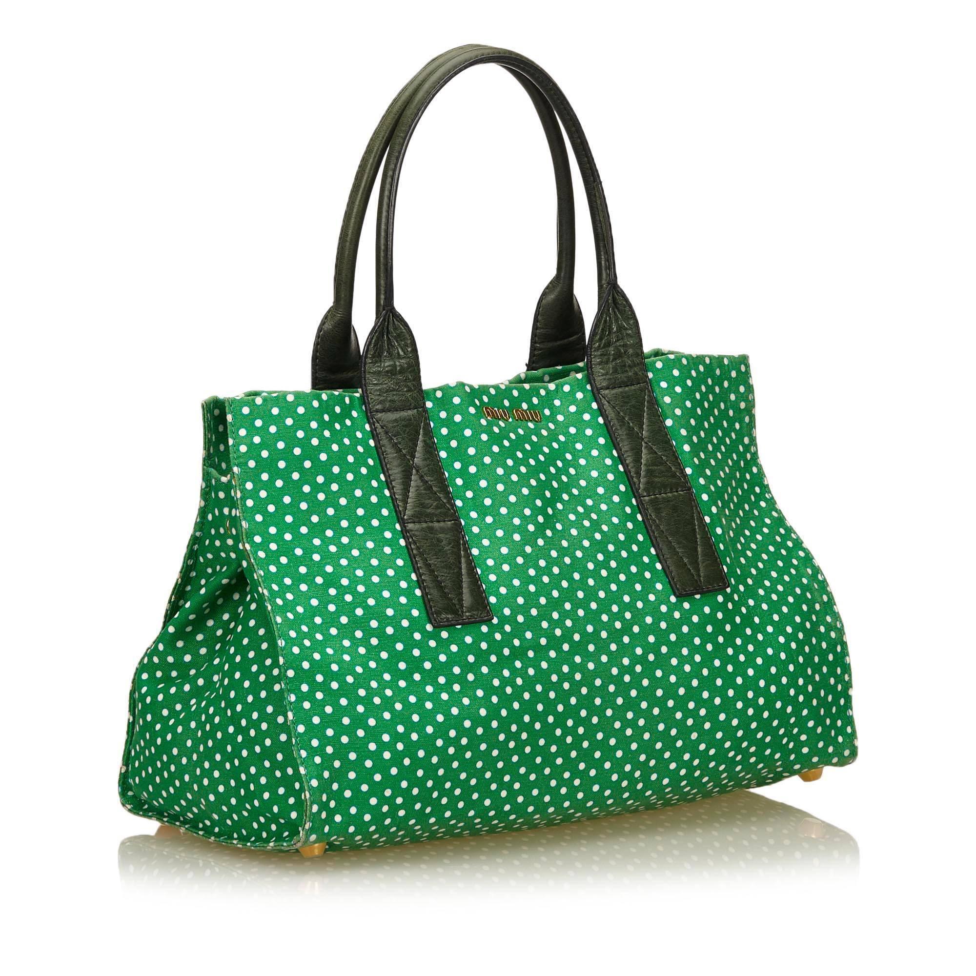 Mui Mui Green Canvas with White Polka Dot Tote Bag In Excellent Condition In Sheung Wan, HK