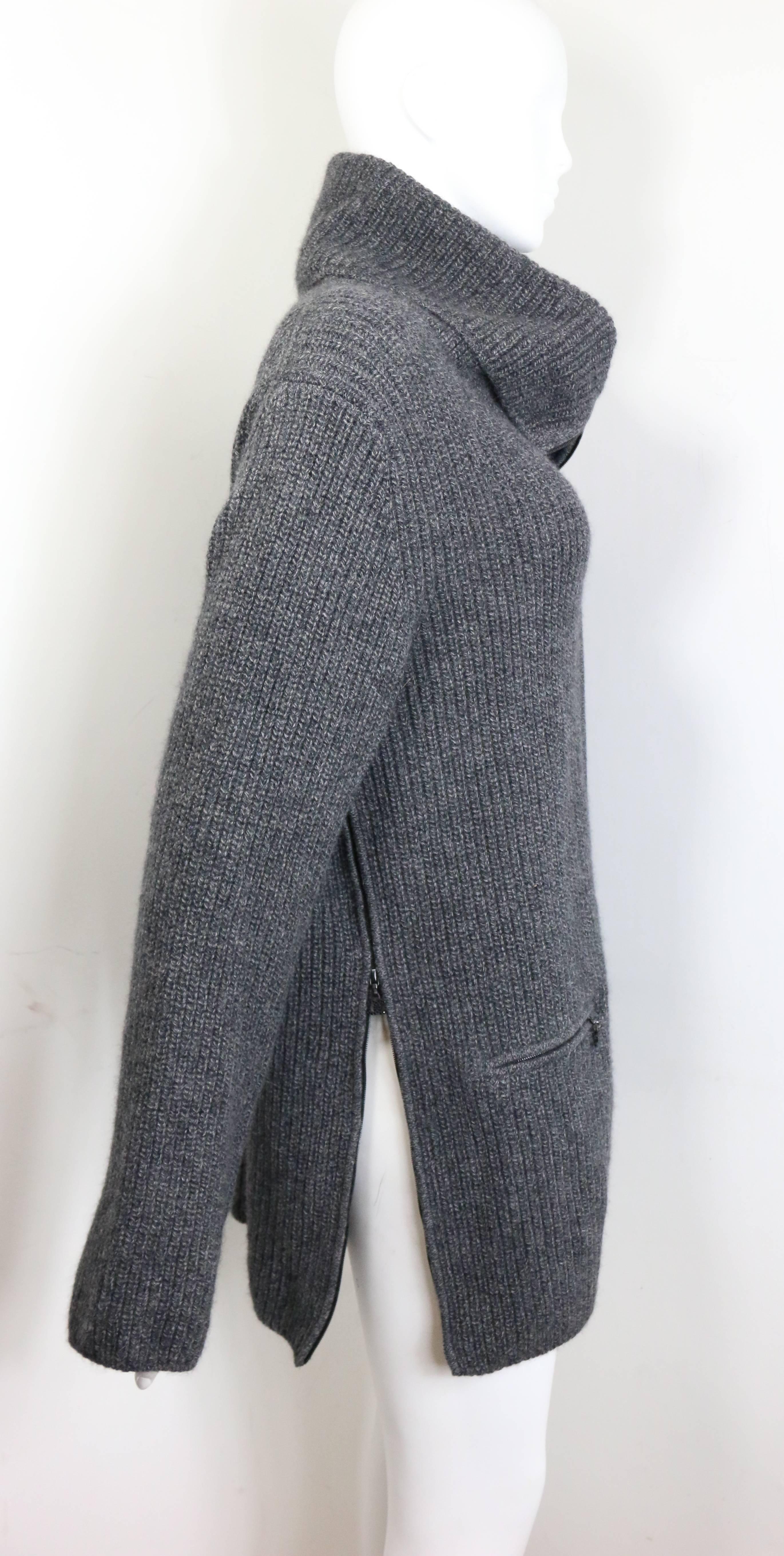 Black Fall 2003 Chanel Grey Wool and Cashmere High Neck Zippers Long Cardigan 