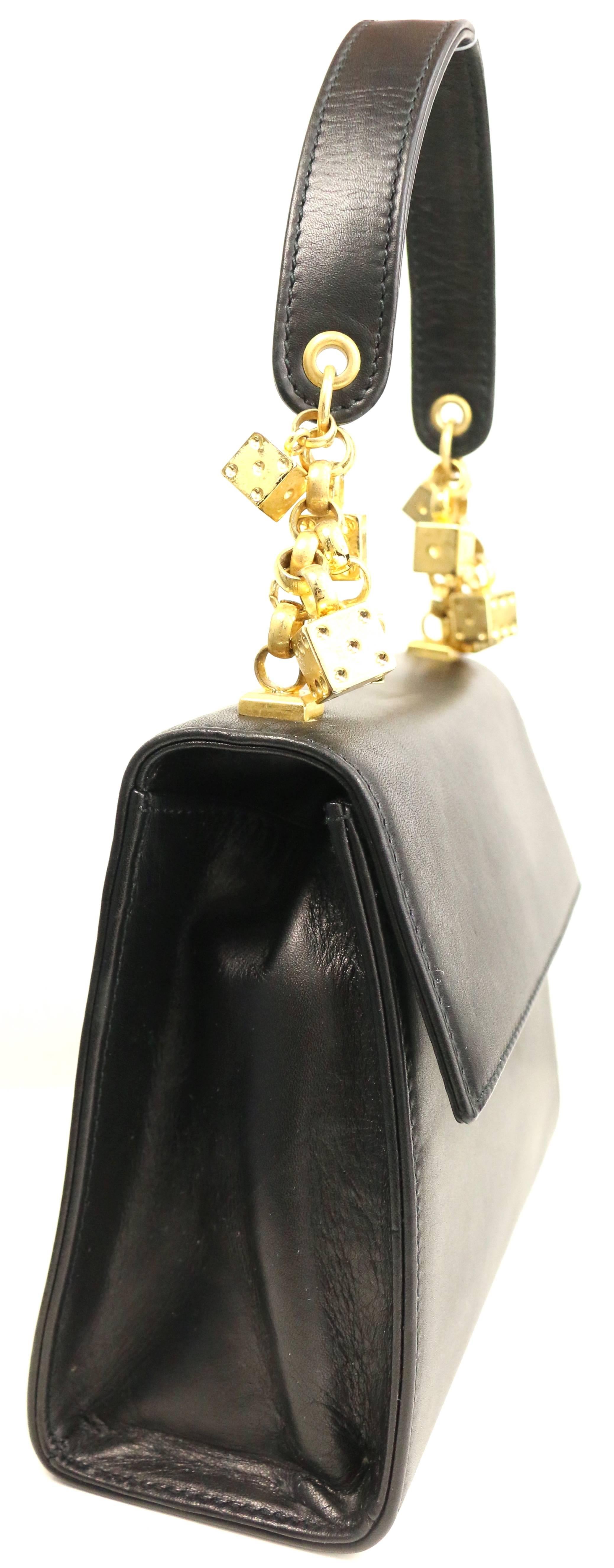 Women's Escada Black Leather Gold Dices Flap Handbag 