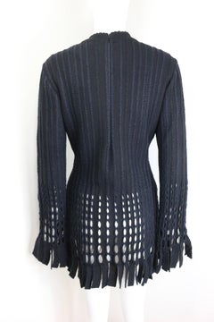 90s Alaia Black and Navy Stripe Wool Open Knit Fringe Hem Bodycon Dress
