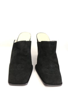 Chanel Black Suede "CC" Mules Shoes