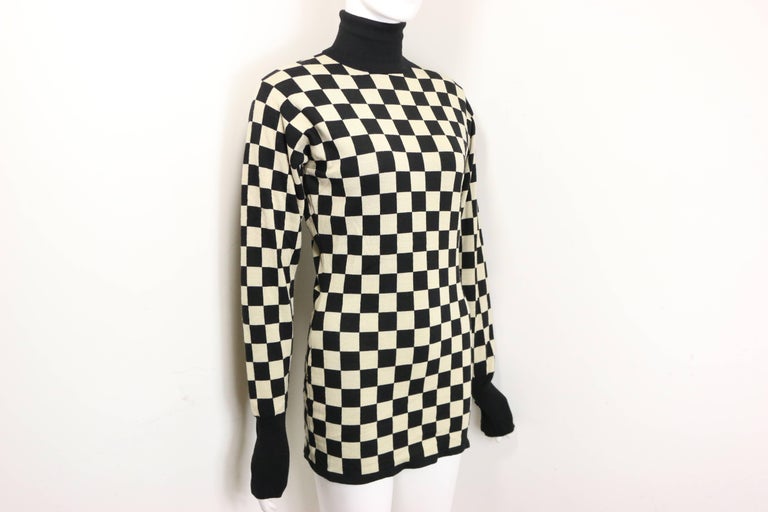 Vintage Moschino Black and White Check Pattern Turtleneck Sweater For