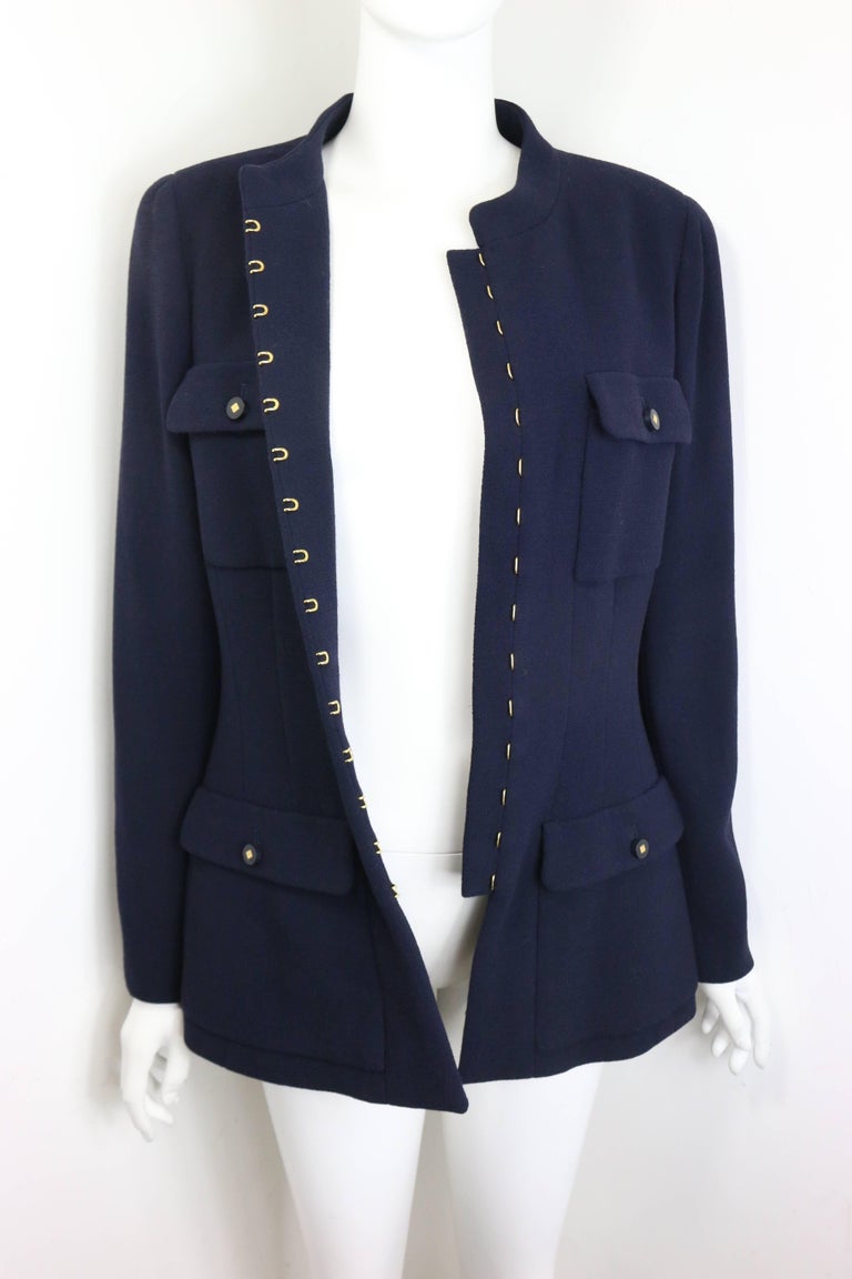 Chanel Dark Navy Military Inspired Style Mandarin Collar Wool Jacket at