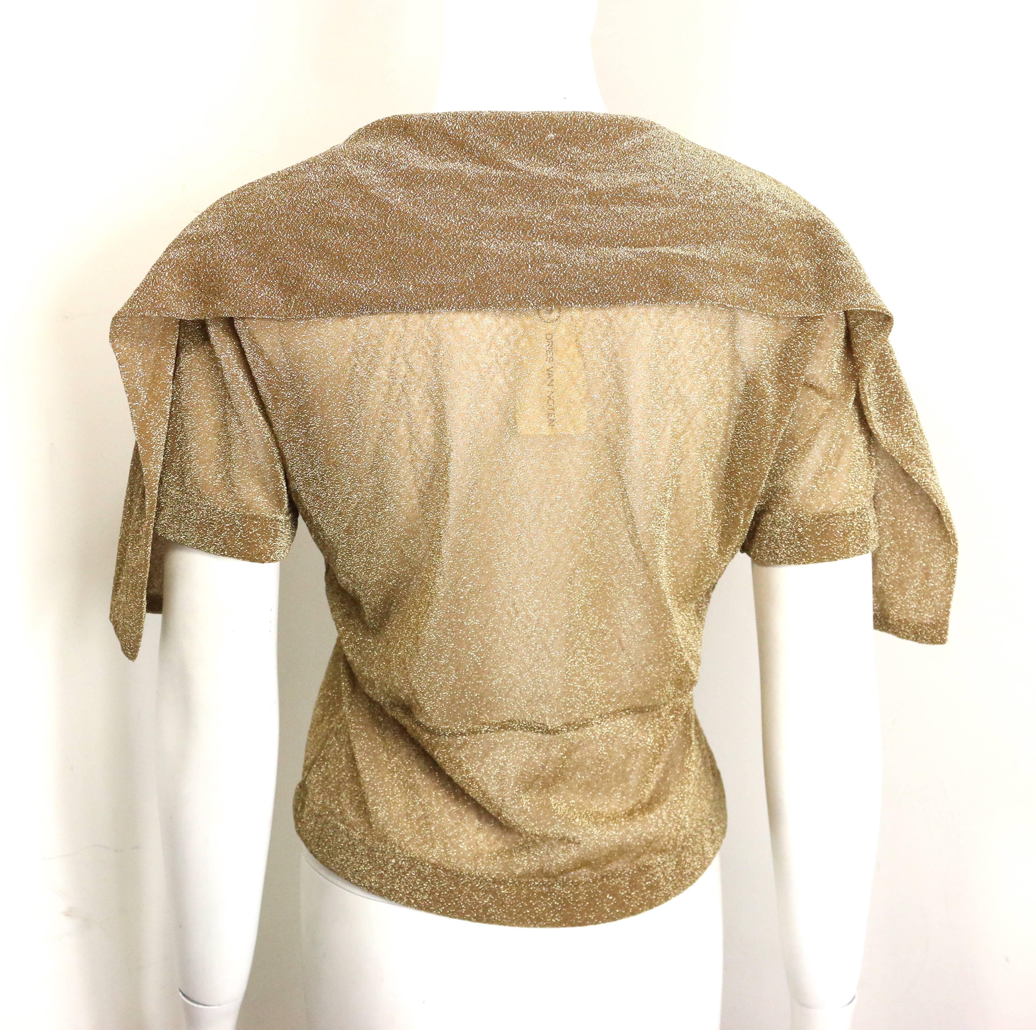 Brown Dries Van Noten Gold Metallic Cropped See Through Short Sleeves Blouse  For Sale