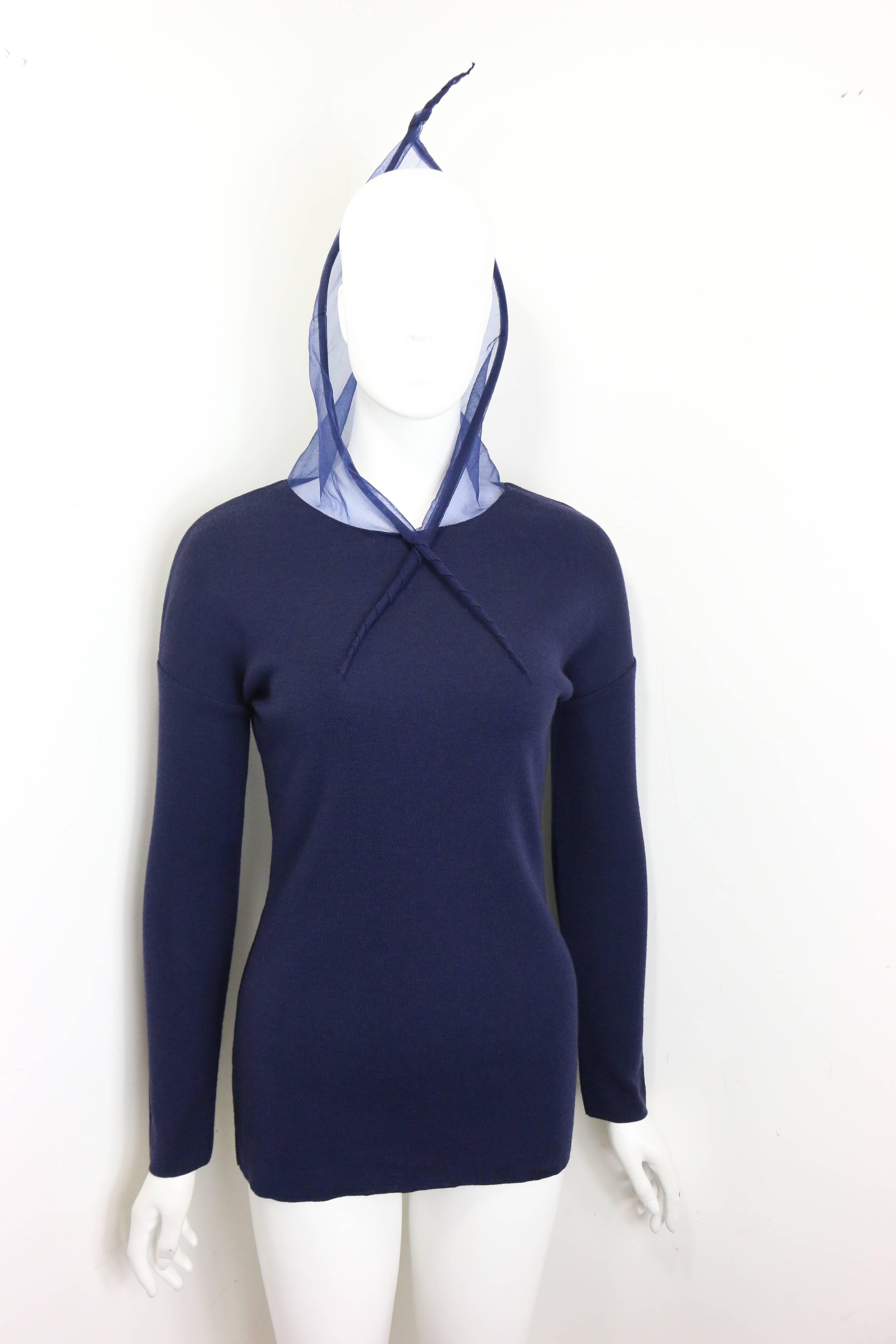 Liviana Conti Navy Blue Wool Sweater with See Through Hoodie  In Excellent Condition For Sale In Sheung Wan, HK