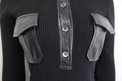 Gucci by Tom Ford Black Wool with Leather Pocket Collar Button Top