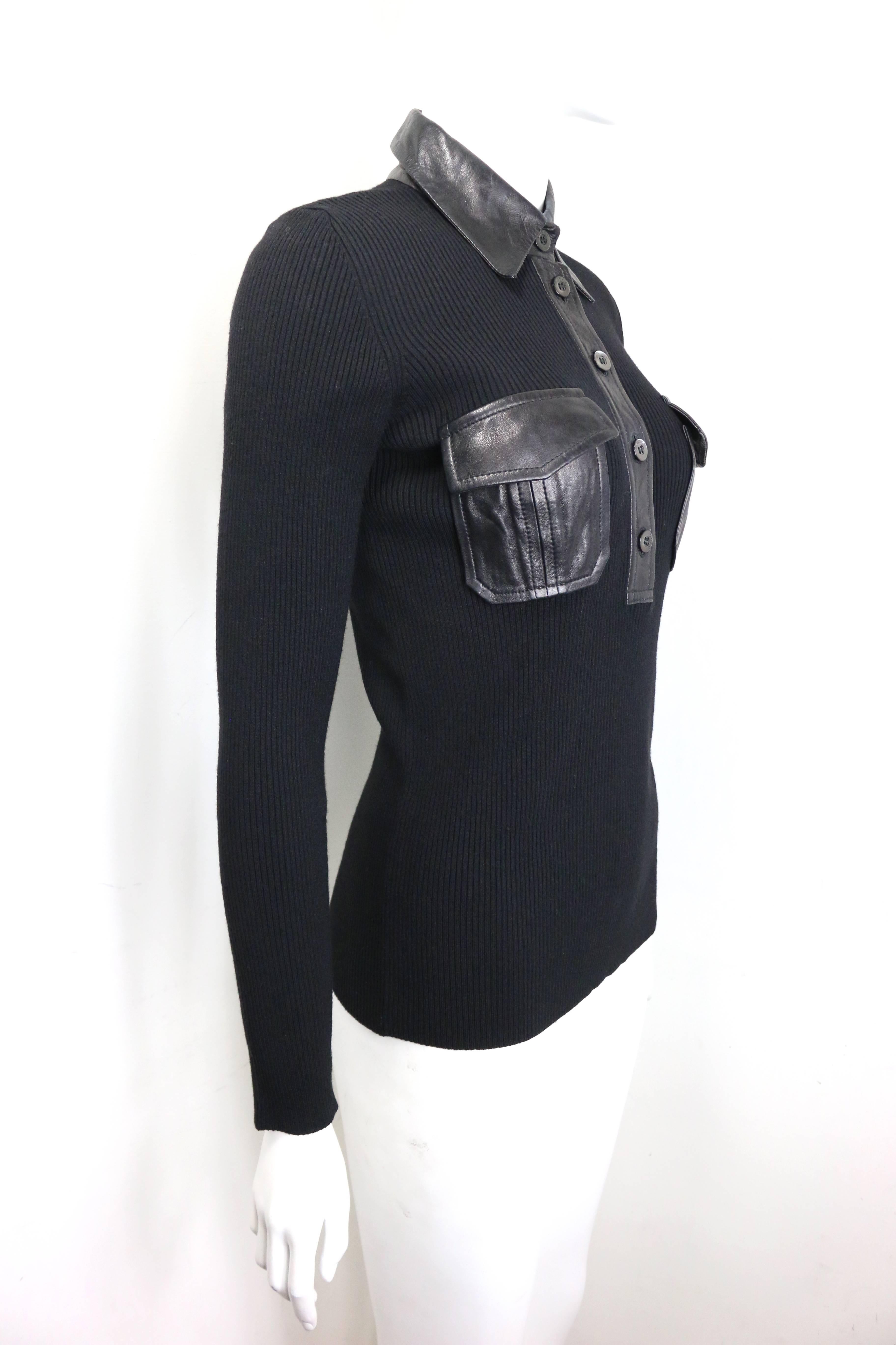 Gucci by Tom Ford Black Wool with Leather Pocket Collar Button Top  In Excellent Condition In Sheung Wan, HK