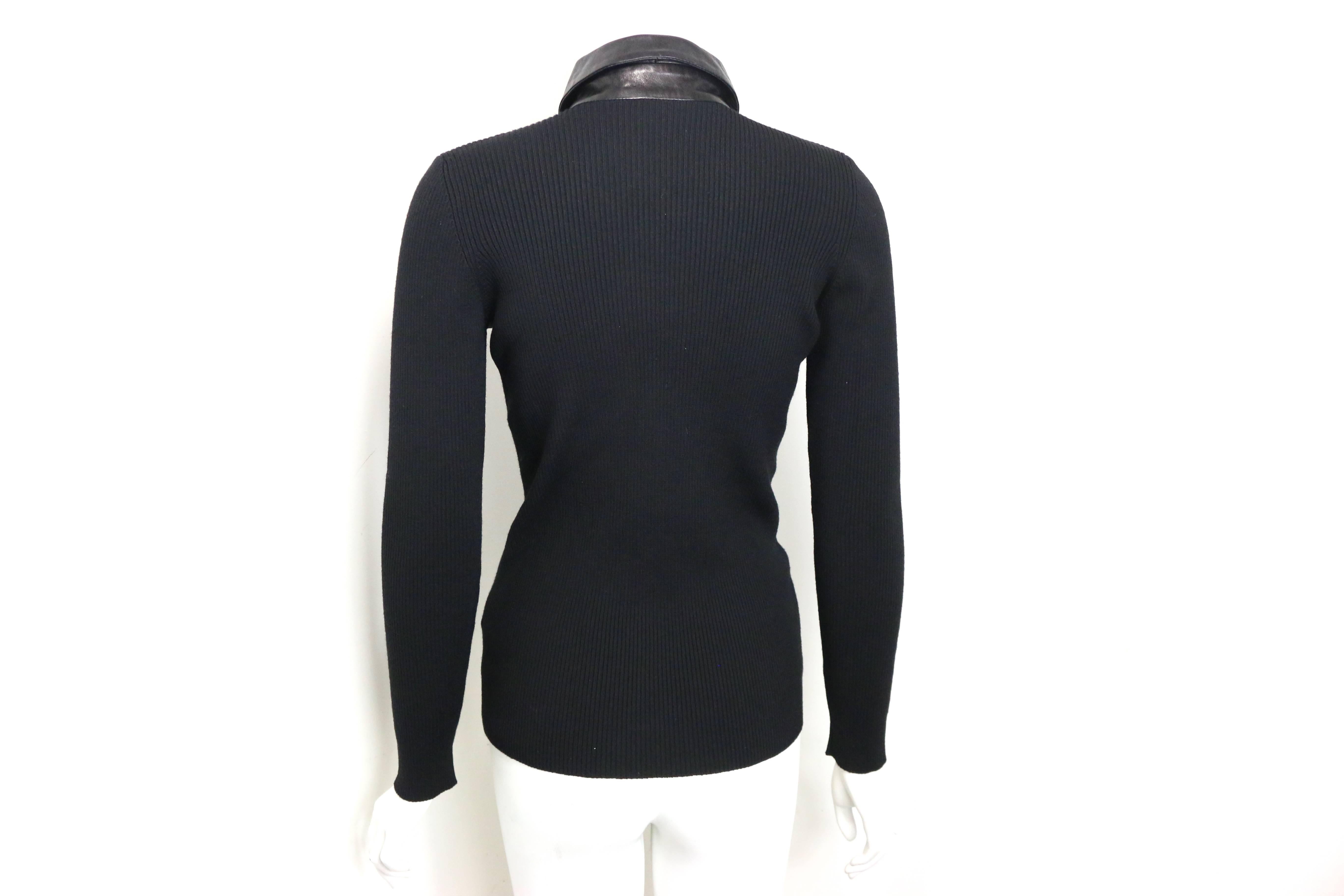 Women's Gucci by Tom Ford Black Wool with Leather Pocket Collar Button Top 