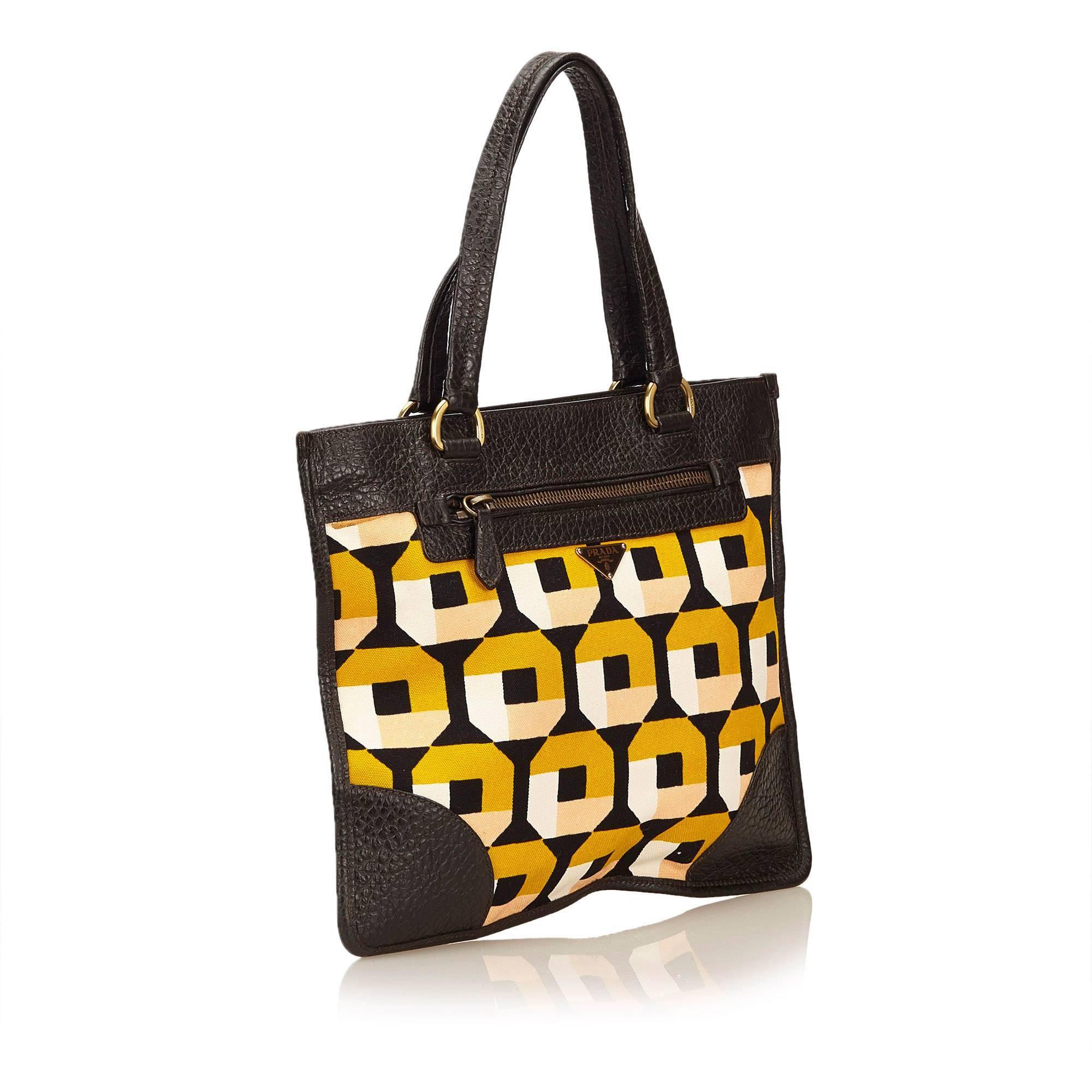 Black Prada Yellow and Multi Colour Saffiano Print Canvas Handbag 