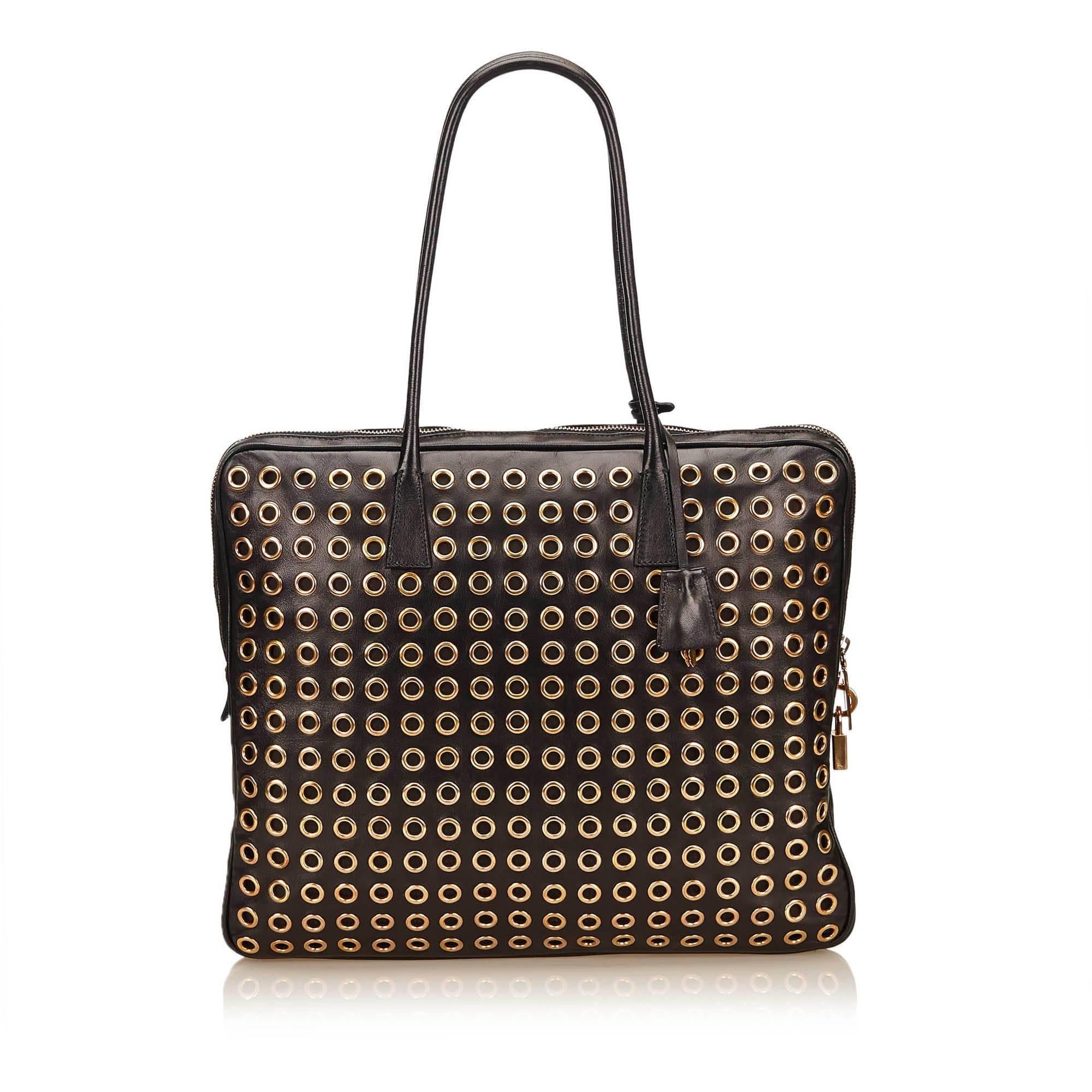 Women's Prada Black Leather Gold Toned Eyelet Handbag