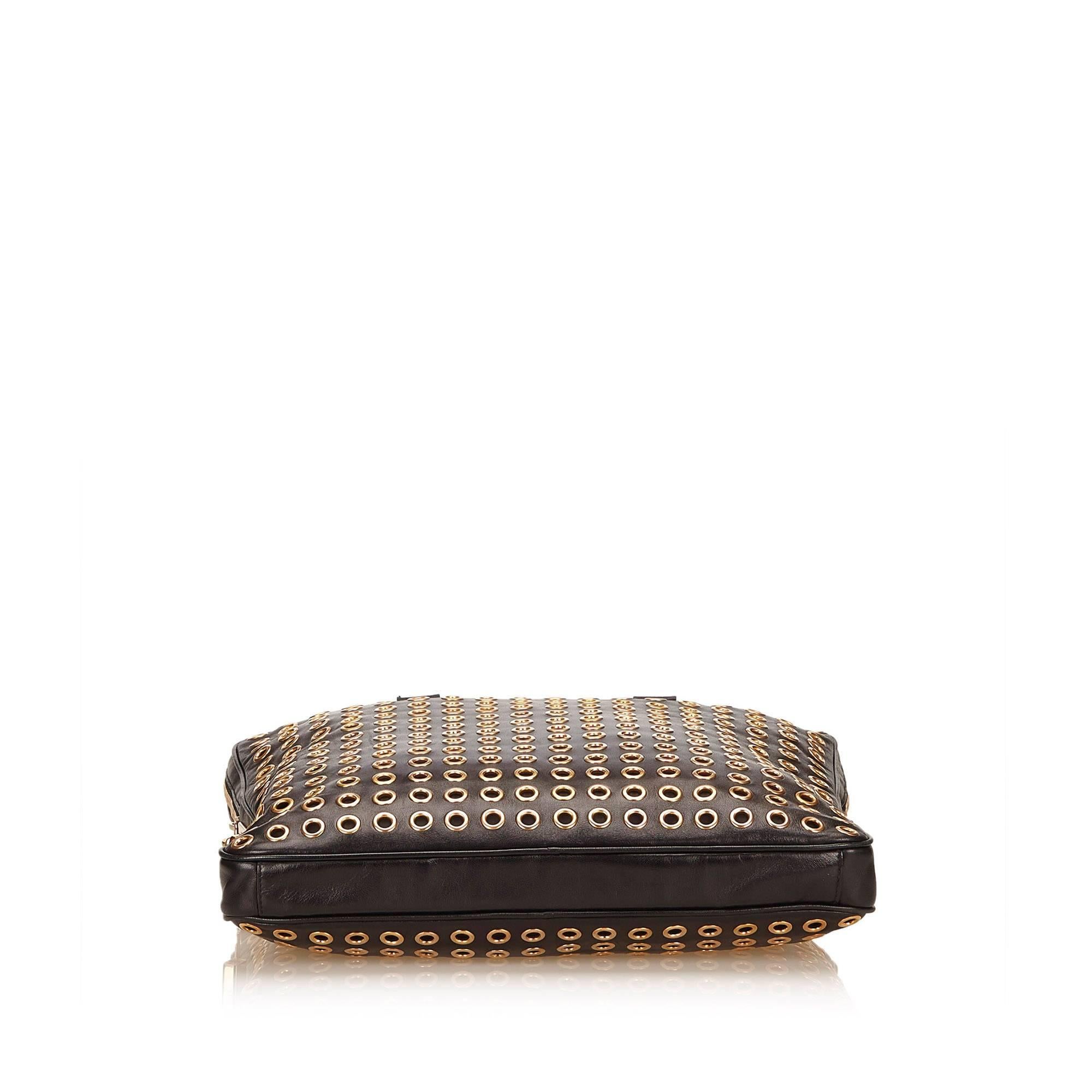 Prada Black Leather Gold Toned Eyelet Handbag 1