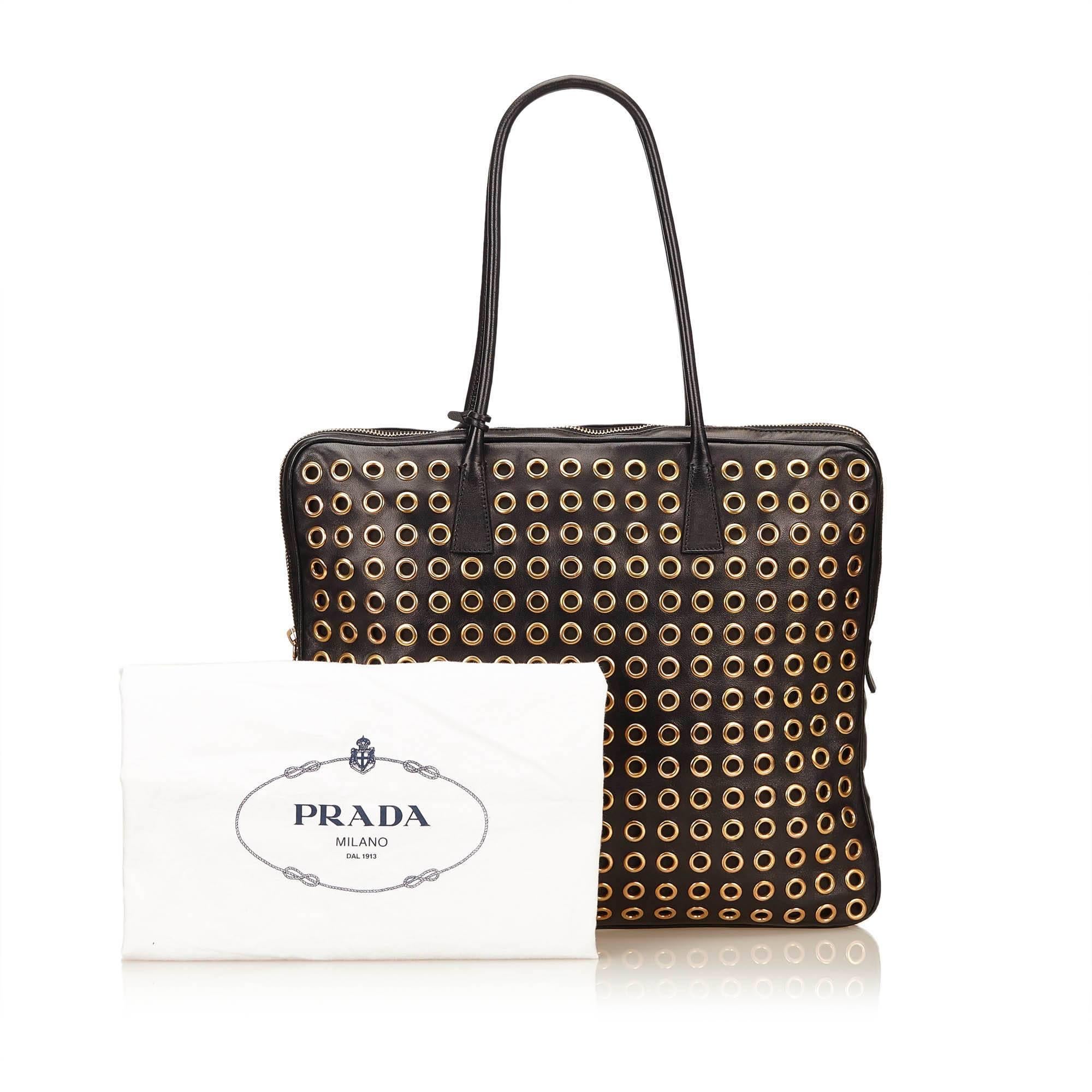 Prada Black Leather Gold Toned Eyelet Handbag 4