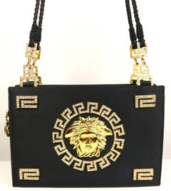 90s Gianni Versace Couture Black Satin Gold and Rhinestone Medusa Shoulder Bag