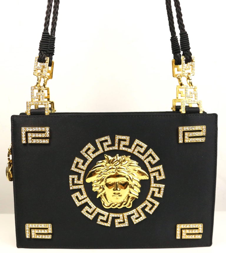 Gianni Versace Couture Black Satin Gold and Rhinestone Medusa Shoulder Bag For Sale at 1stdibs